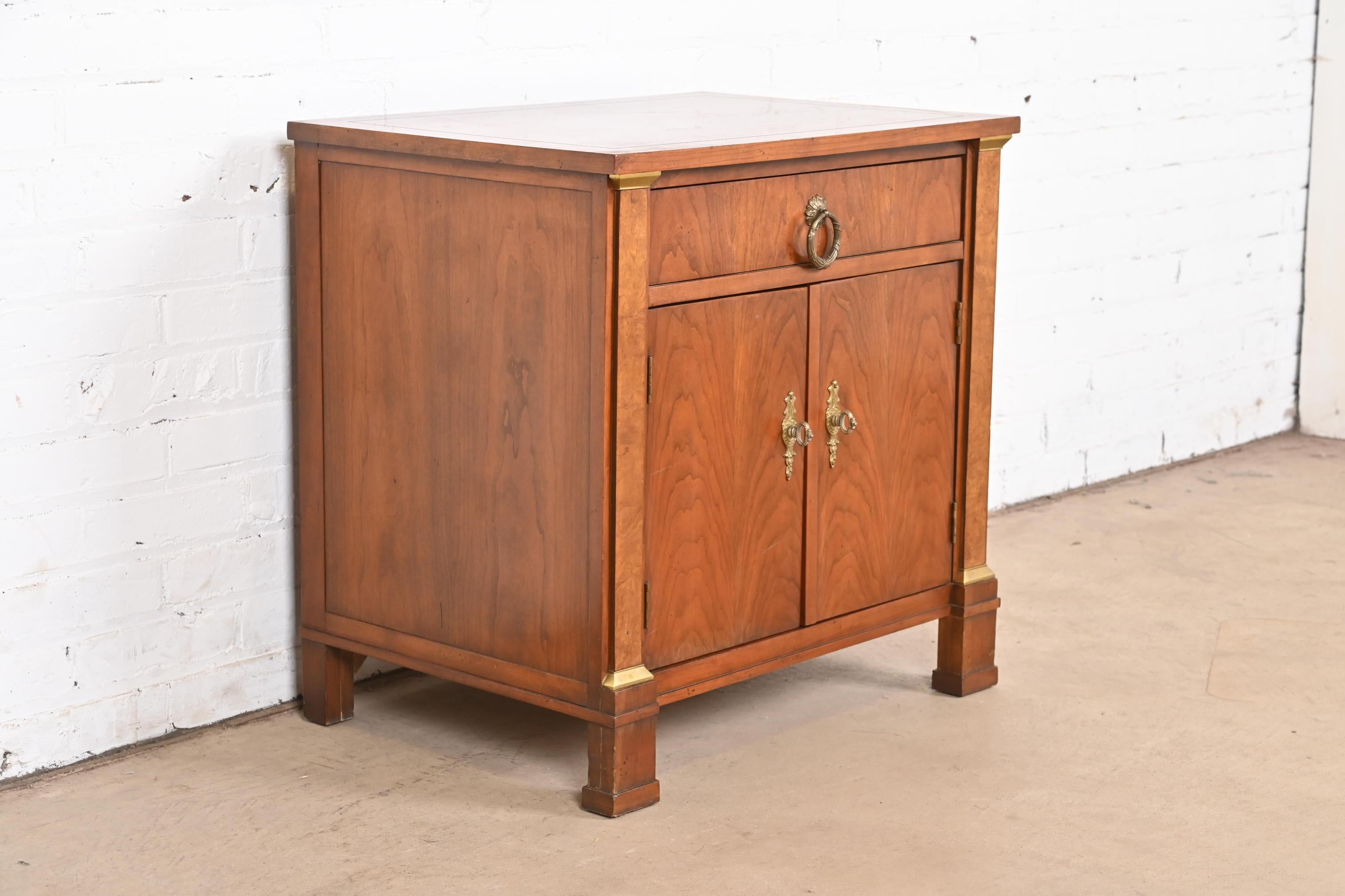 Brass Baker Furniture French Empire Cherry and Burl Wood Nightstand For Sale