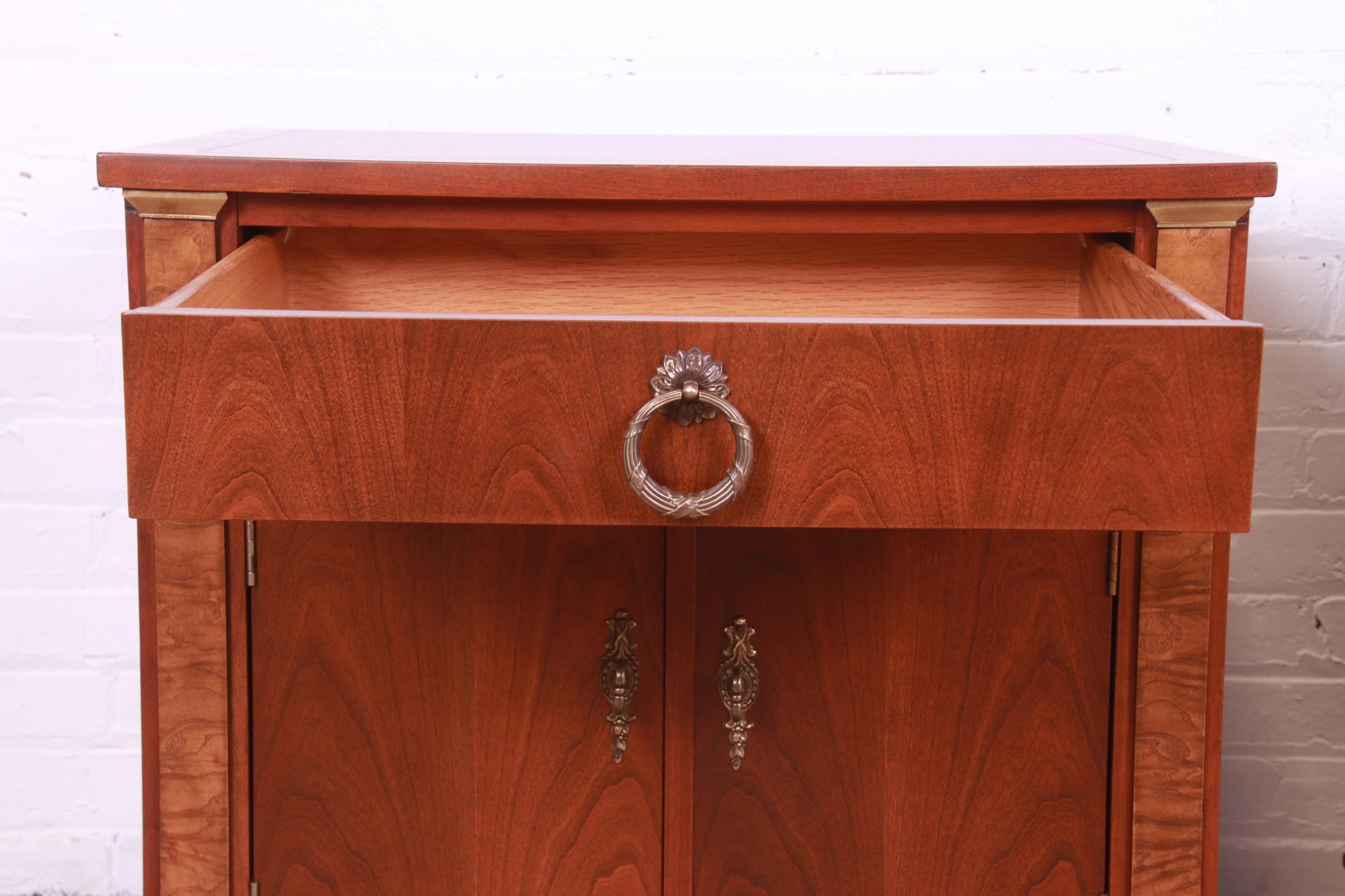 Baker Furniture French Empire Cherry and Burl Wood Nightstands, Newly Refinished For Sale 4