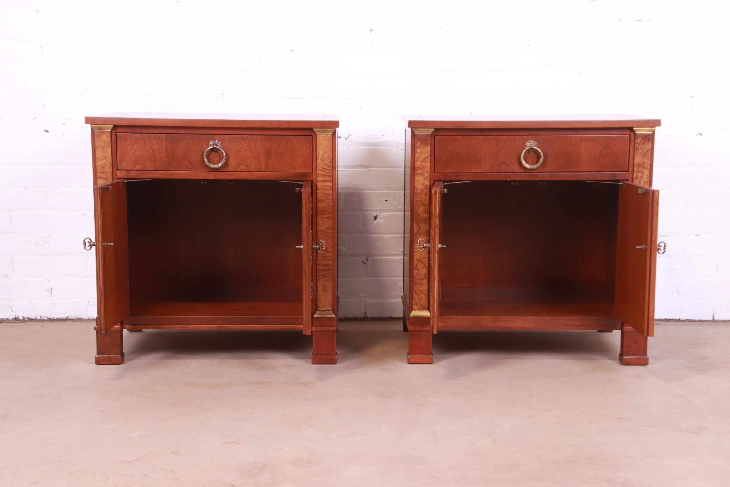 Baker Furniture French Empire Cherry and Burl Wood Nightstands, Newly Refinished For Sale 6