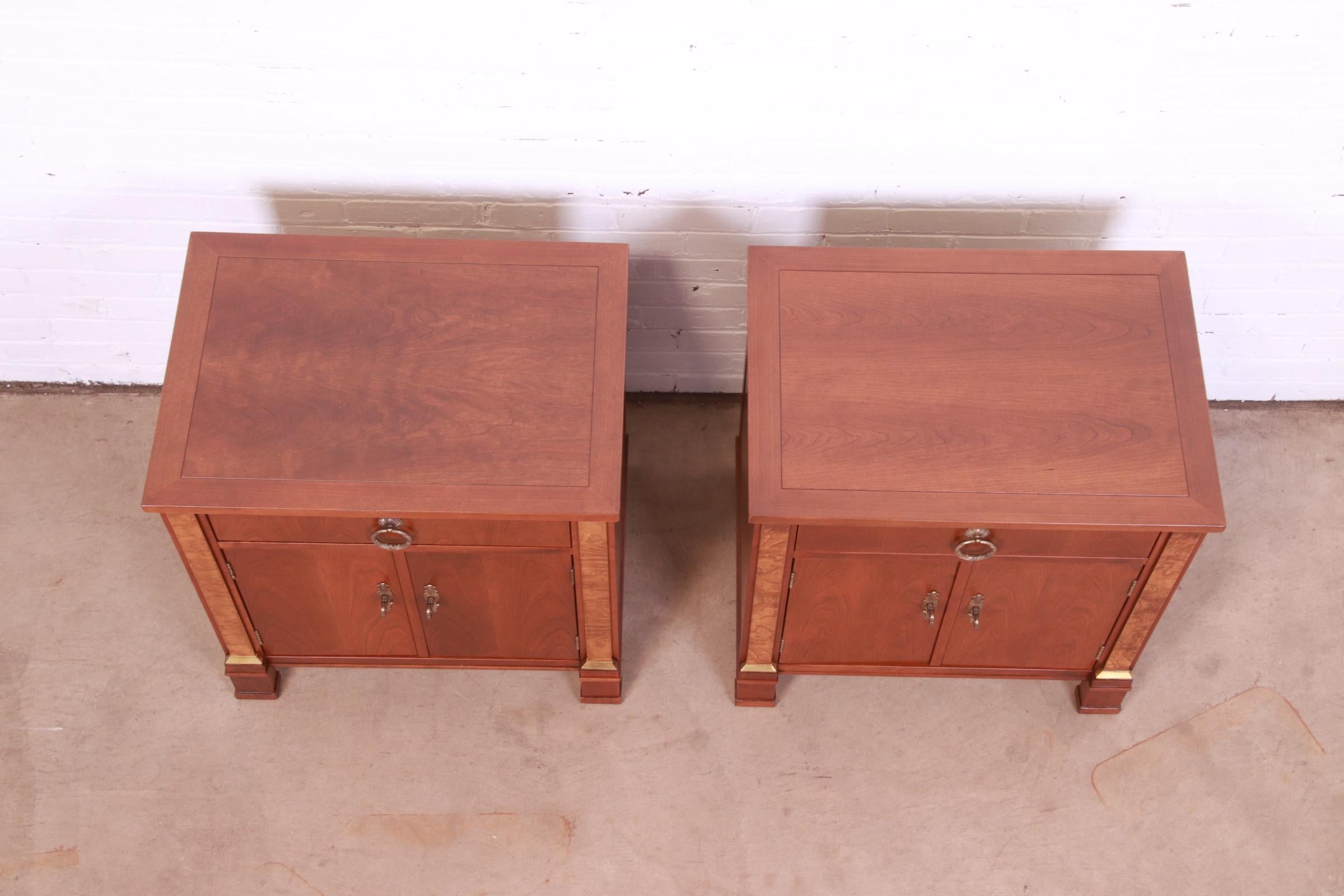 Baker Furniture French Empire Cherry and Burl Wood Nightstands, Newly Refinished For Sale 7
