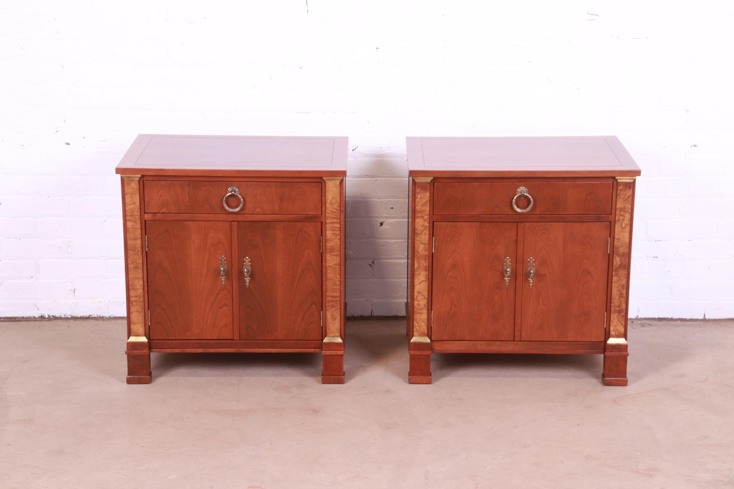 American Baker Furniture French Empire Cherry and Burl Wood Nightstands, Newly Refinished For Sale
