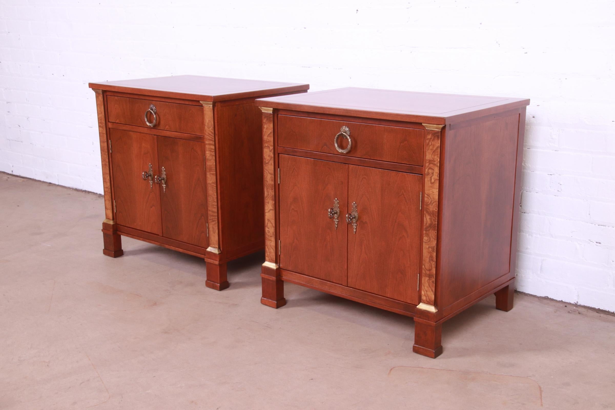 American Baker Furniture French Empire Cherry and Burl Wood Nightstands, Newly Refinished For Sale
