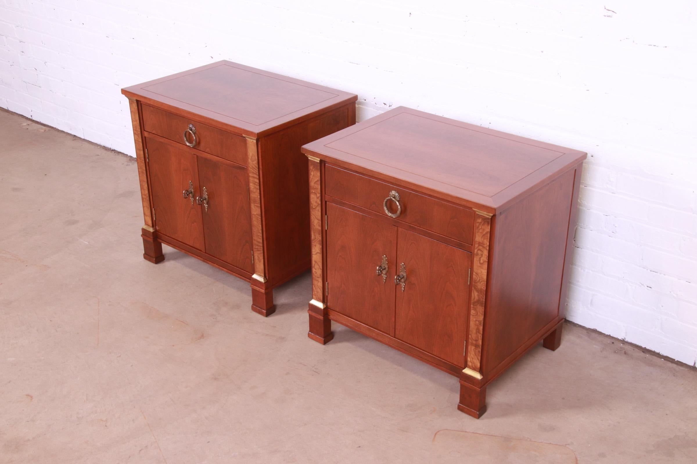 Mid-20th Century Baker Furniture French Empire Cherry and Burl Wood Nightstands, Newly Refinished For Sale