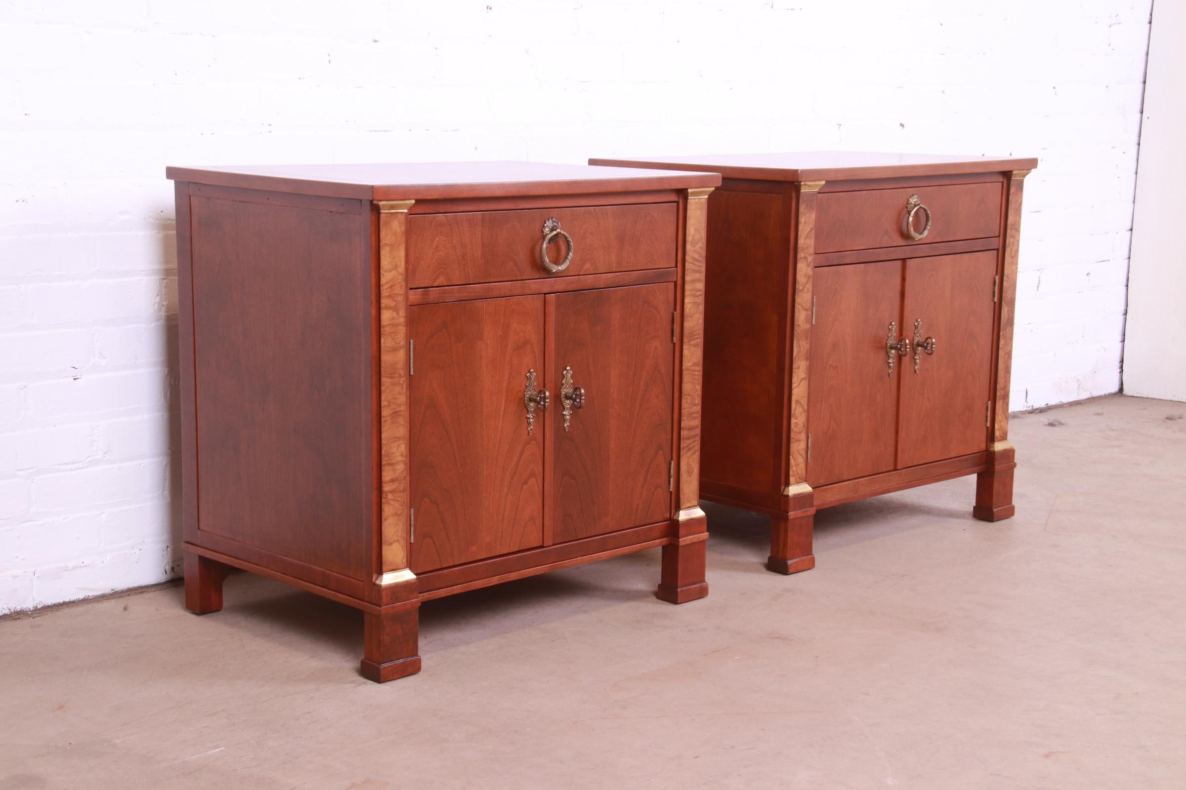 Mid-20th Century Baker Furniture French Empire Cherry and Burl Wood Nightstands, Newly Refinished For Sale