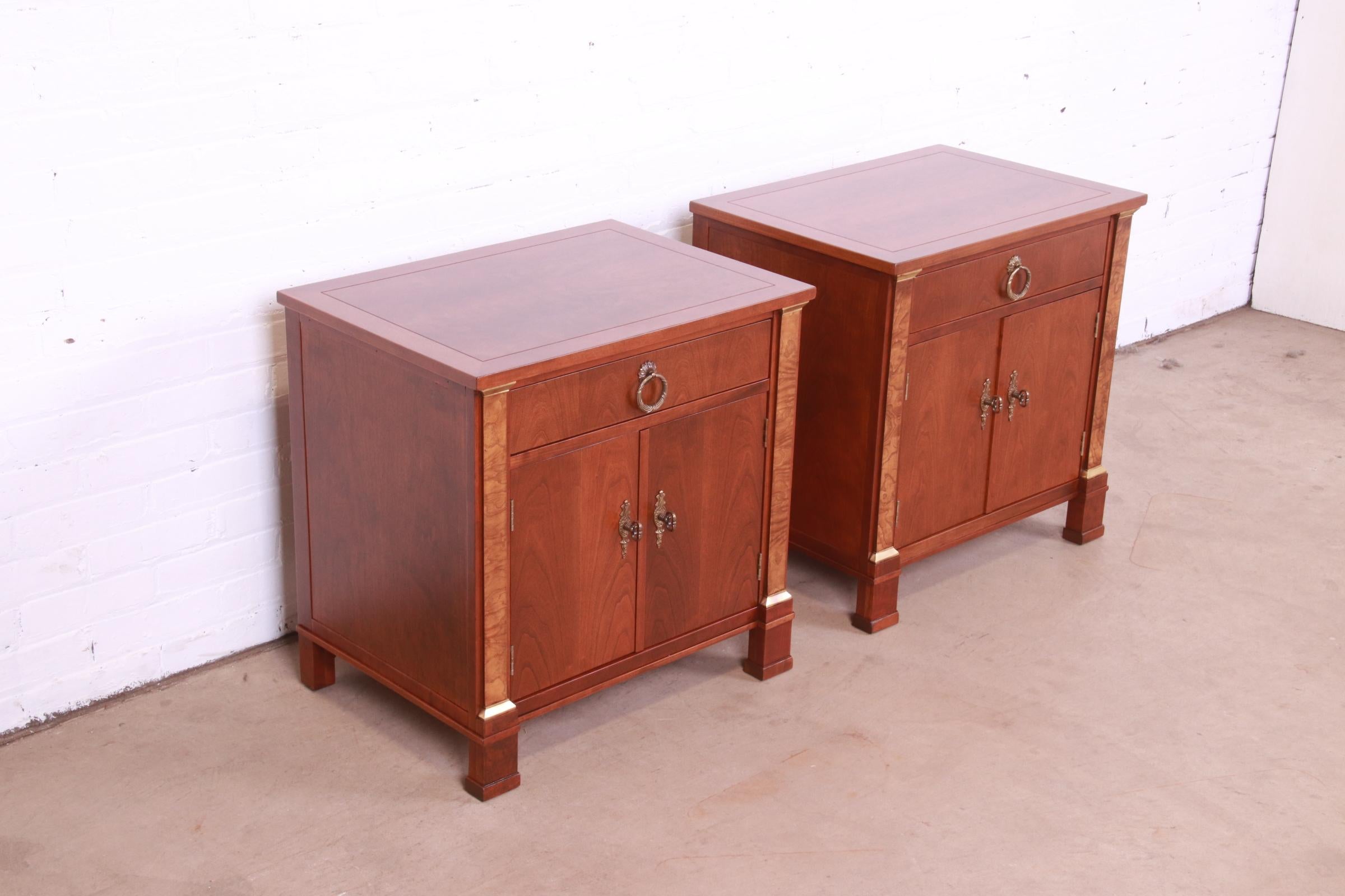 Brass Baker Furniture French Empire Cherry and Burl Wood Nightstands, Newly Refinished For Sale