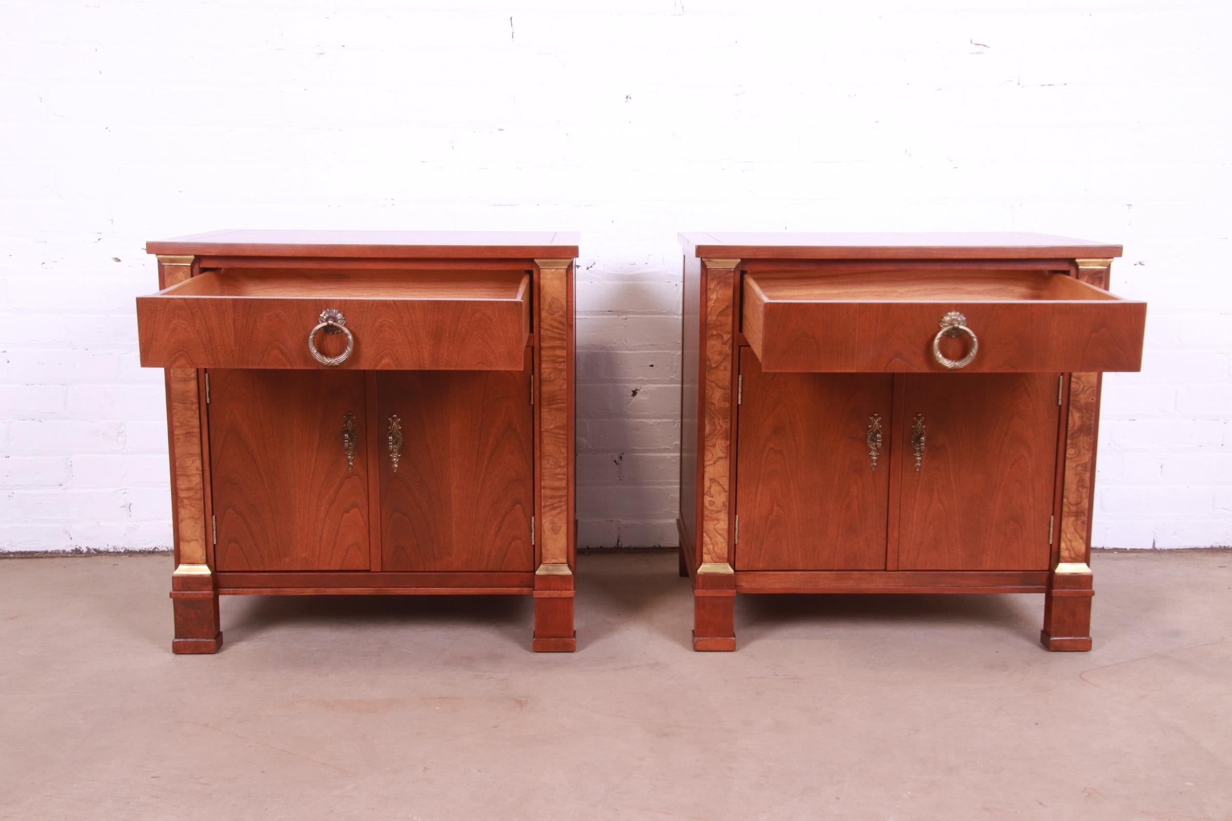 Baker Furniture French Empire Cherry and Burl Wood Nightstands, Newly Refinished For Sale 2