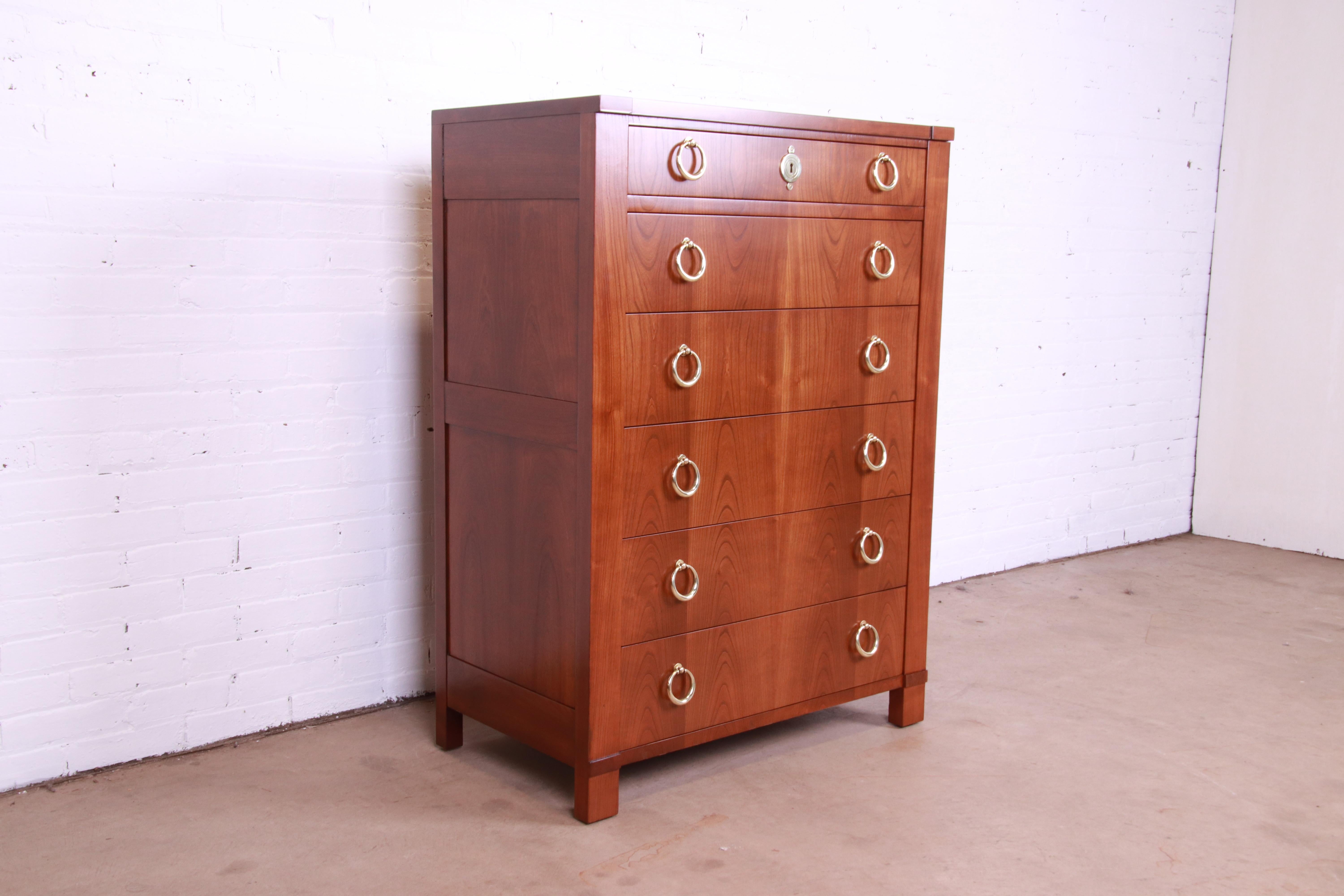 Baker Furniture French Empire Cherry Wood Highboy Dresser, Newly Refinished For Sale 1