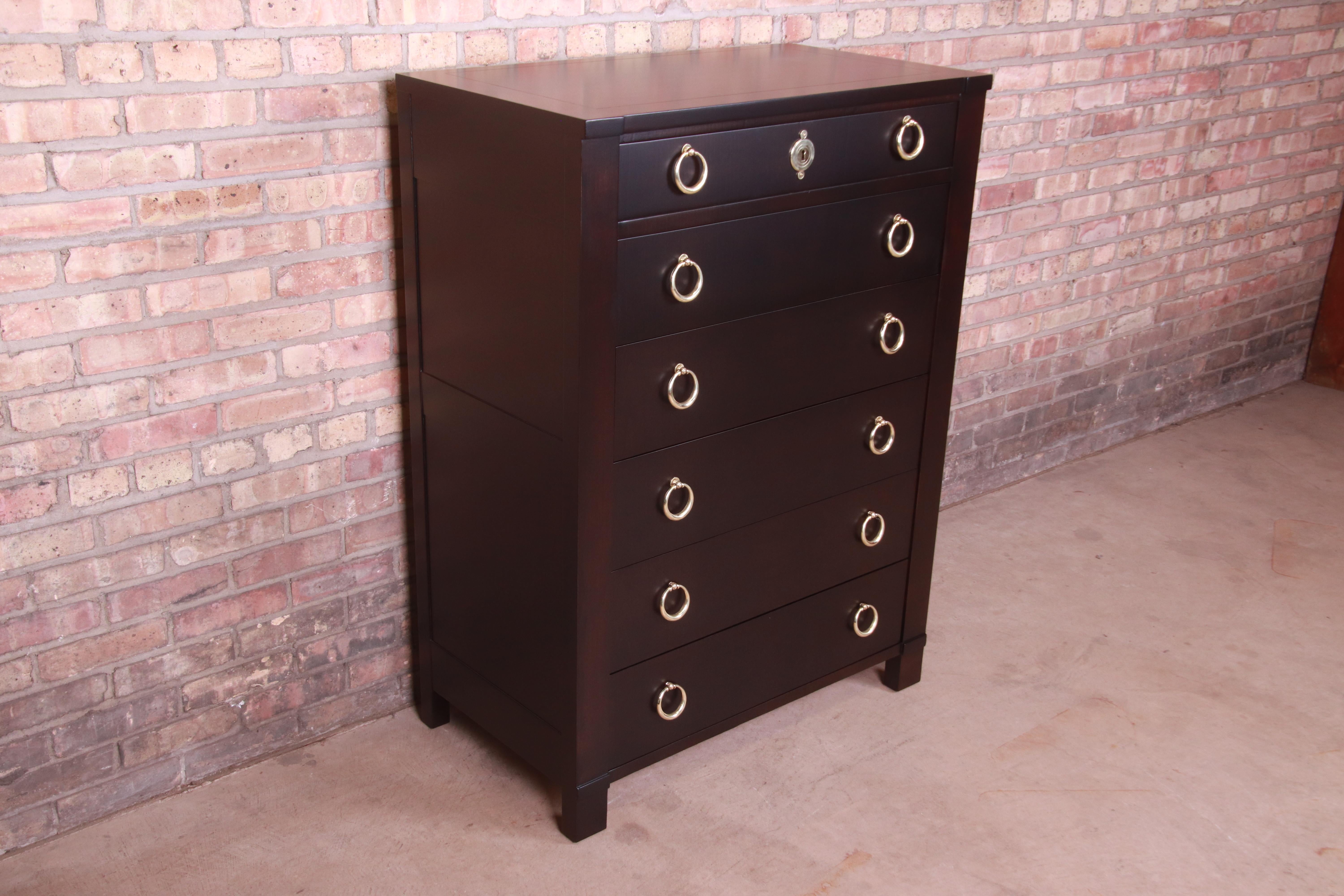 Baker Furniture French Empire Ebonized Highboy Dresser, Newly Refinished In Good Condition In South Bend, IN