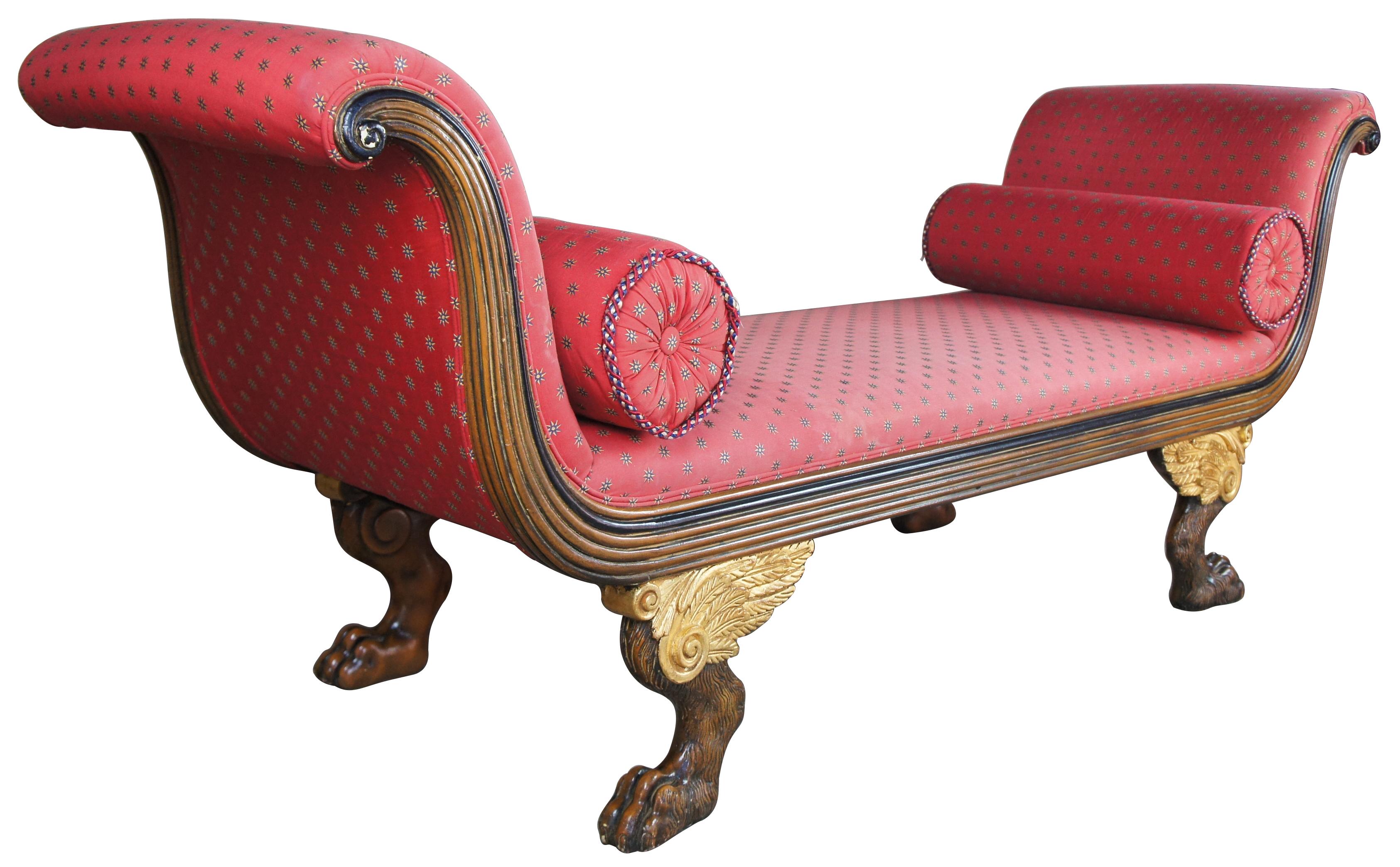Baker Furniture French Empire style sleigh bench mahogany red loveseat settee

A gorgeous Baker furniture bench that draws inspiration from French Empire and Egyptian Revival. Made from mahogany with sleigh shape and carved winged paw feet.