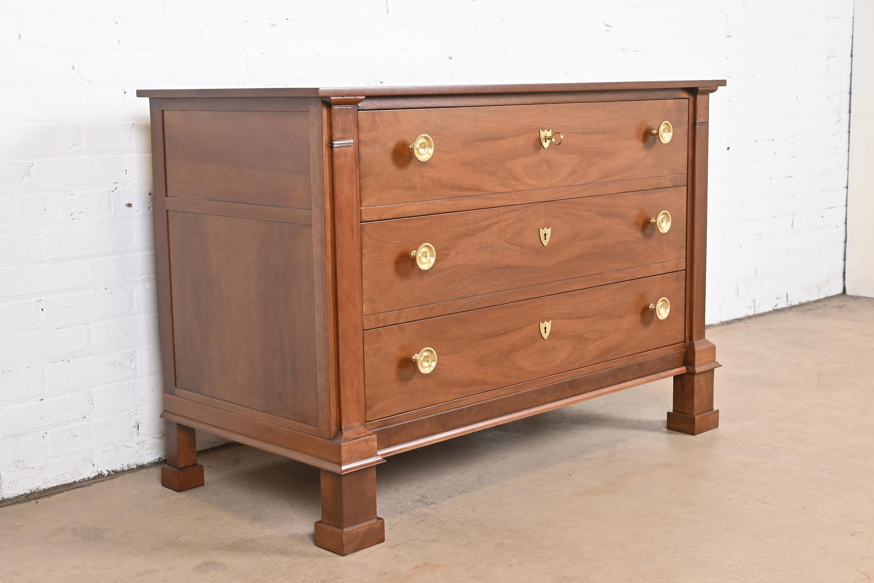 Baker Furniture French Empire Walnut and Burl Wood Chest of Drawers, Refinished In Good Condition In South Bend, IN