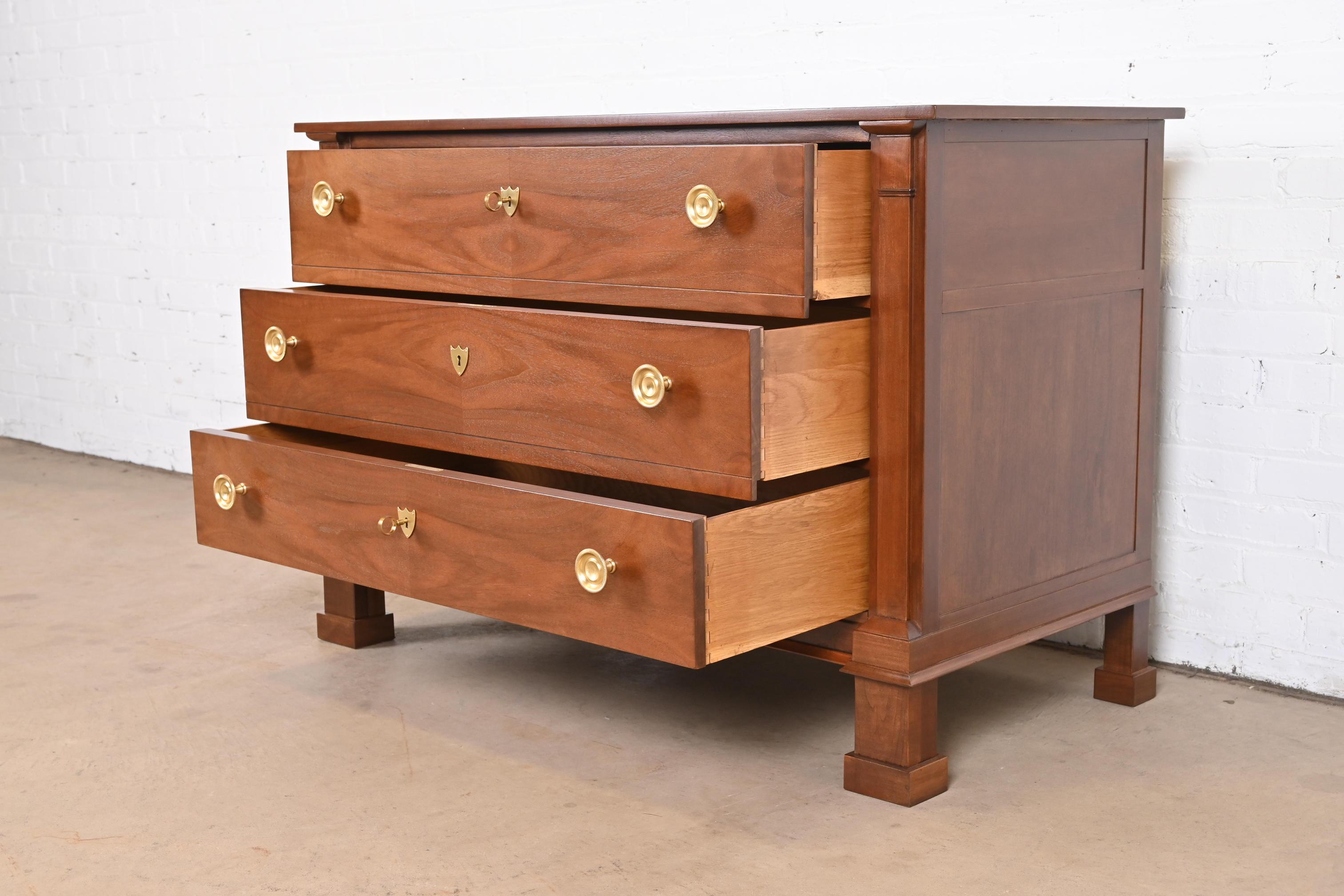 Brass Baker Furniture French Empire Walnut and Burl Wood Chest of Drawers, Refinished