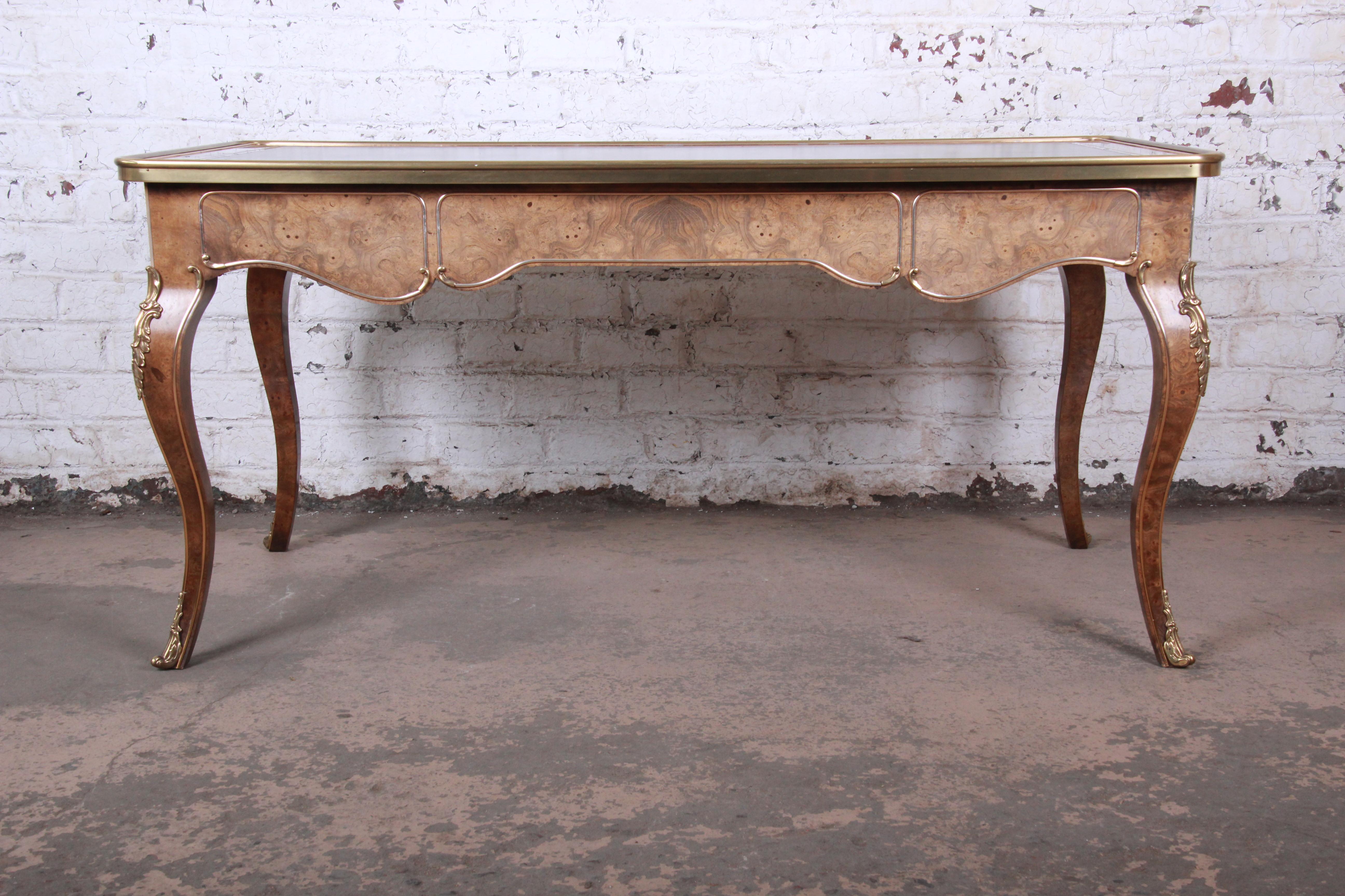 Baker Furniture French Louis XV Burl Wood Leather Top Bureau Plat Desk 12