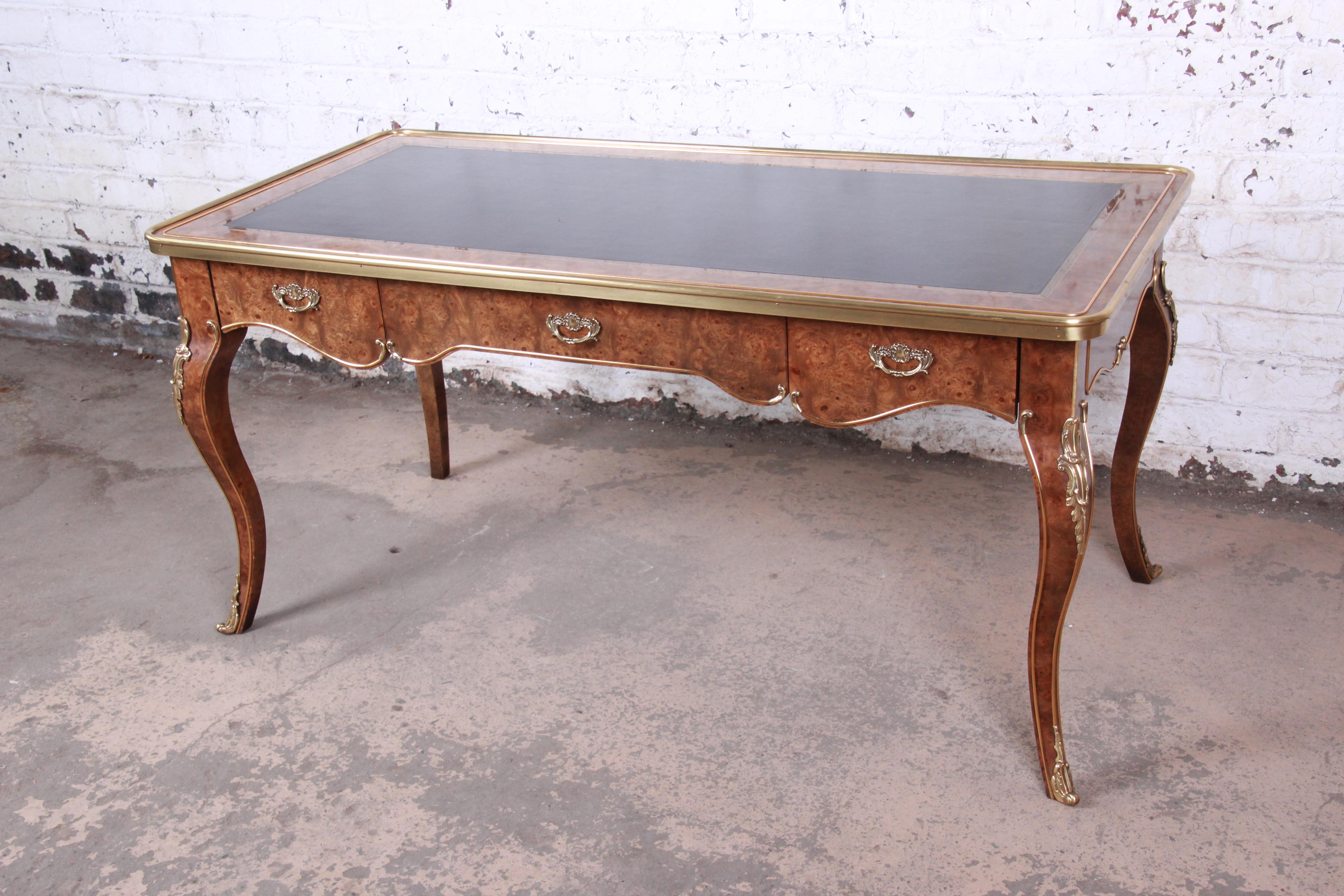 American Baker Furniture French Louis XV Burl Wood Leather Top Bureau Plat Desk