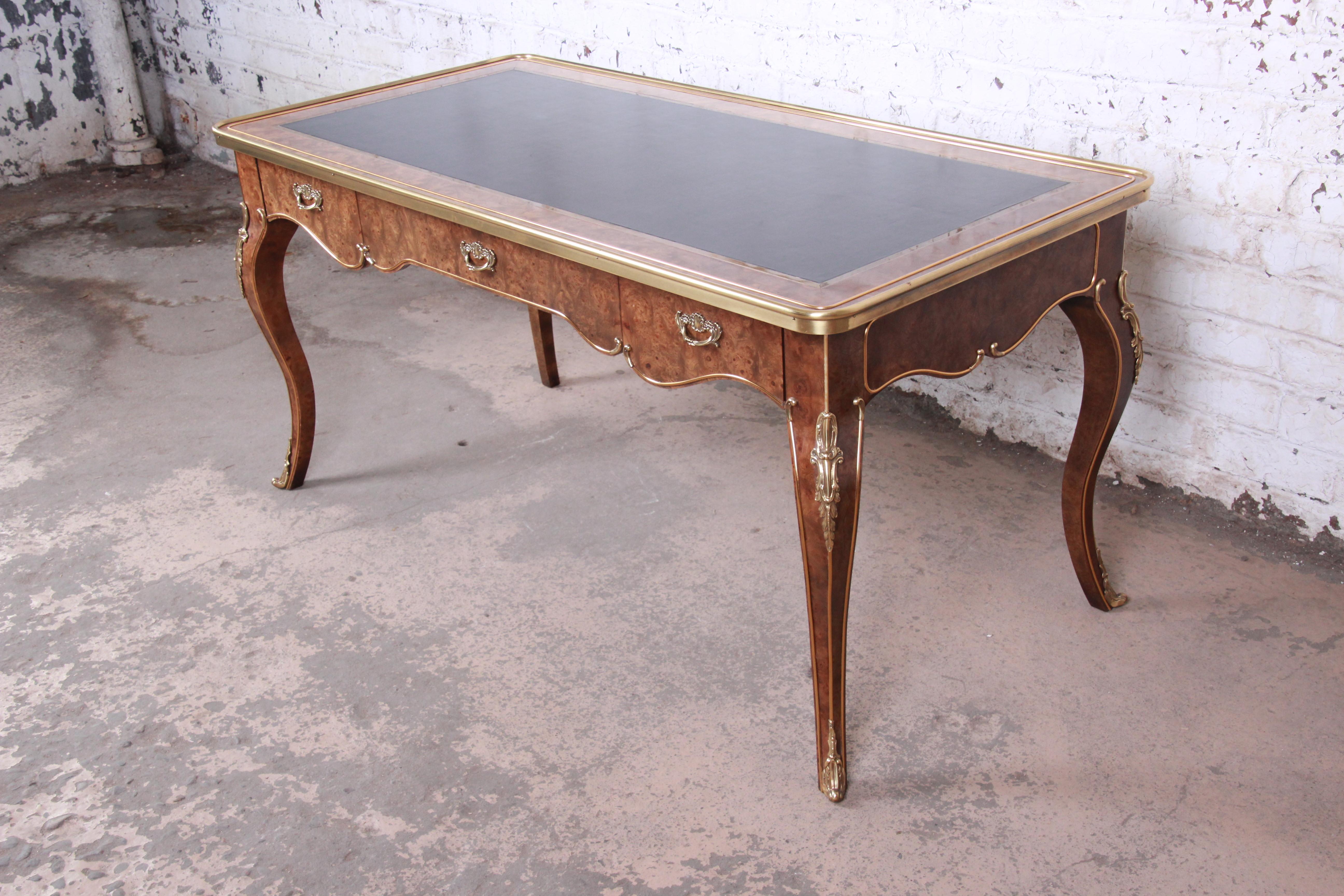 Late 20th Century Baker Furniture French Louis XV Burl Wood Leather Top Bureau Plat Desk