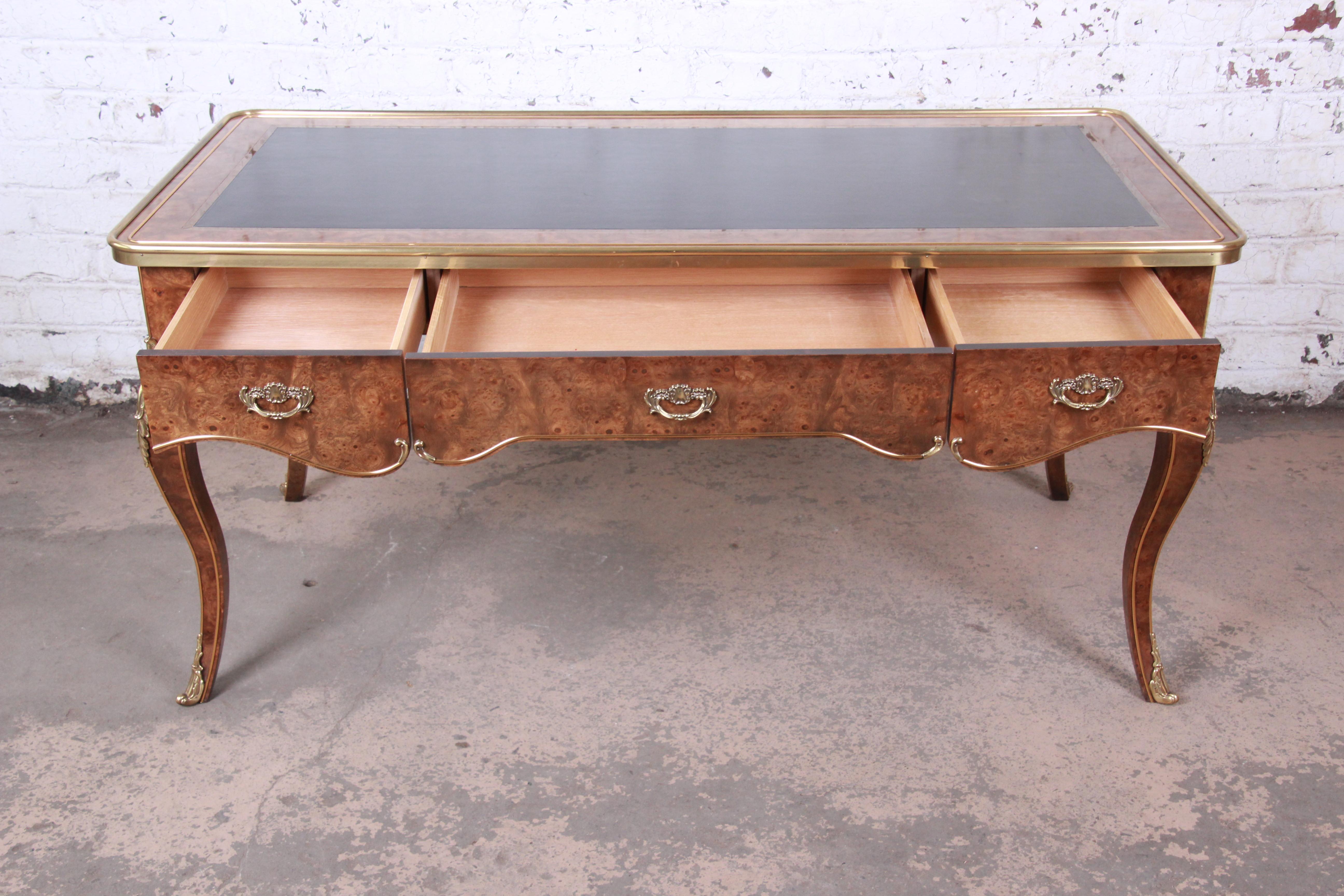 Brass Baker Furniture French Louis XV Burl Wood Leather Top Bureau Plat Desk
