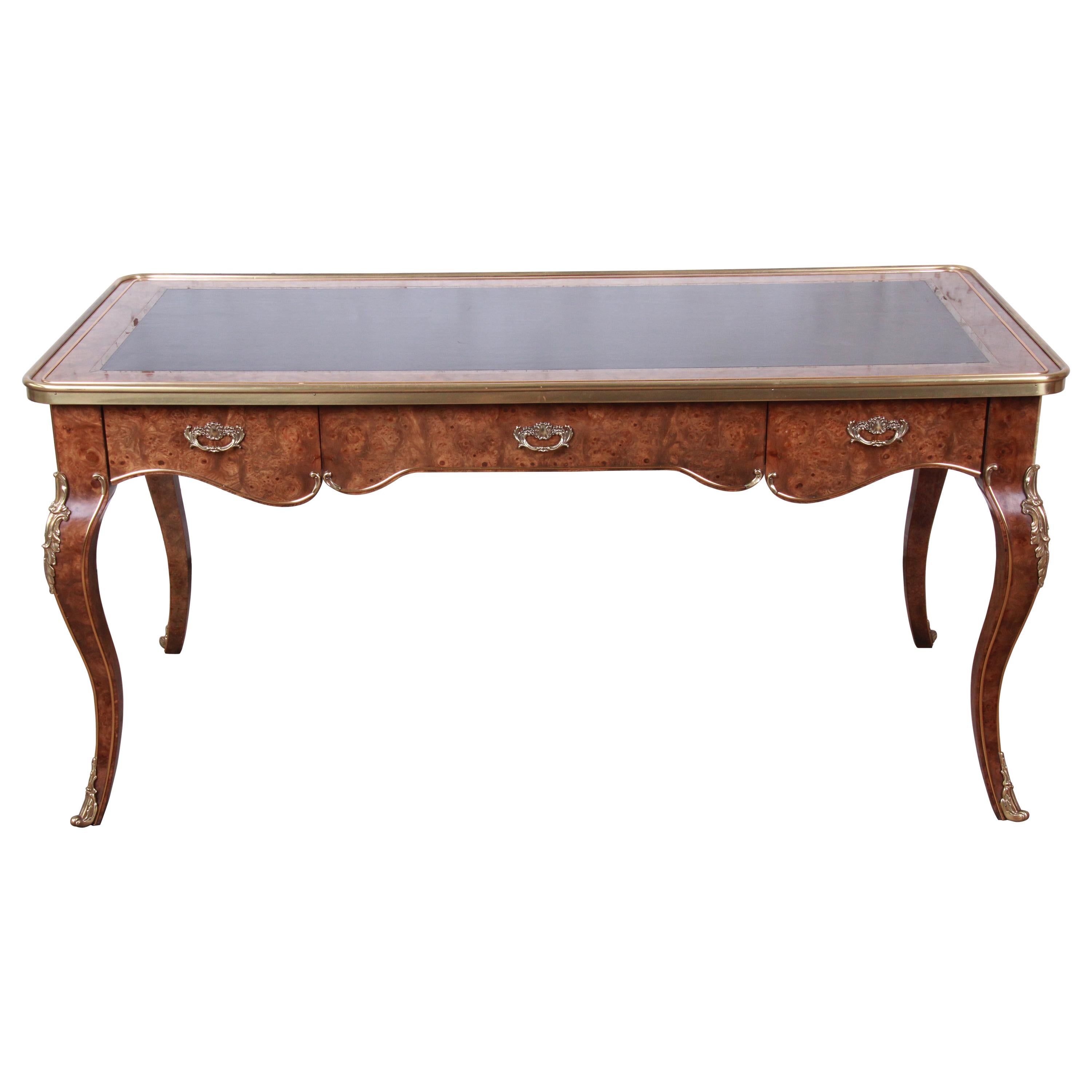 Baker Furniture French Louis XV Burl Wood Leather Top Bureau Plat Desk