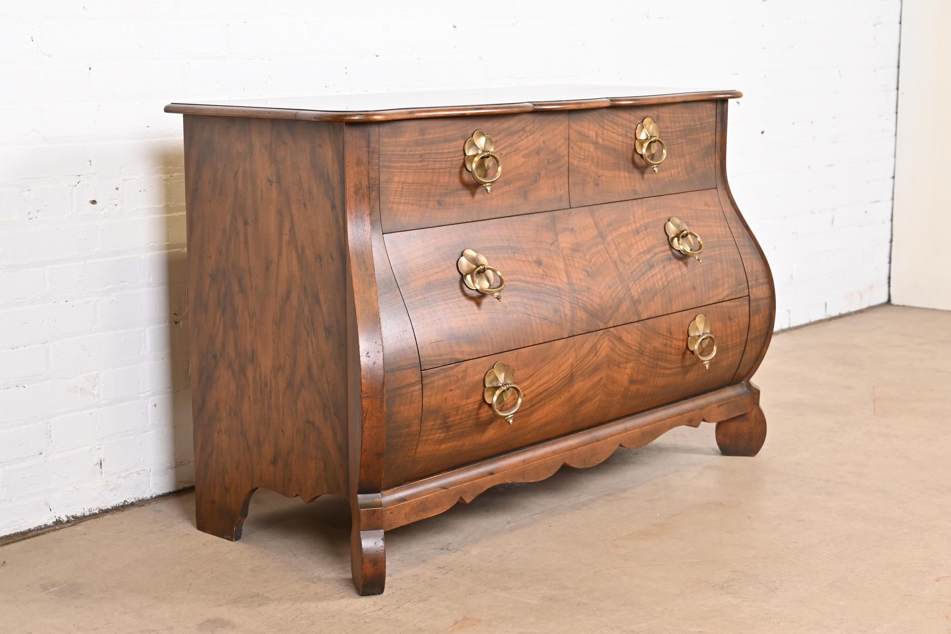 Brass Baker Furniture French Louis XV Burled Walnut Bombay Form Chest of Drawers