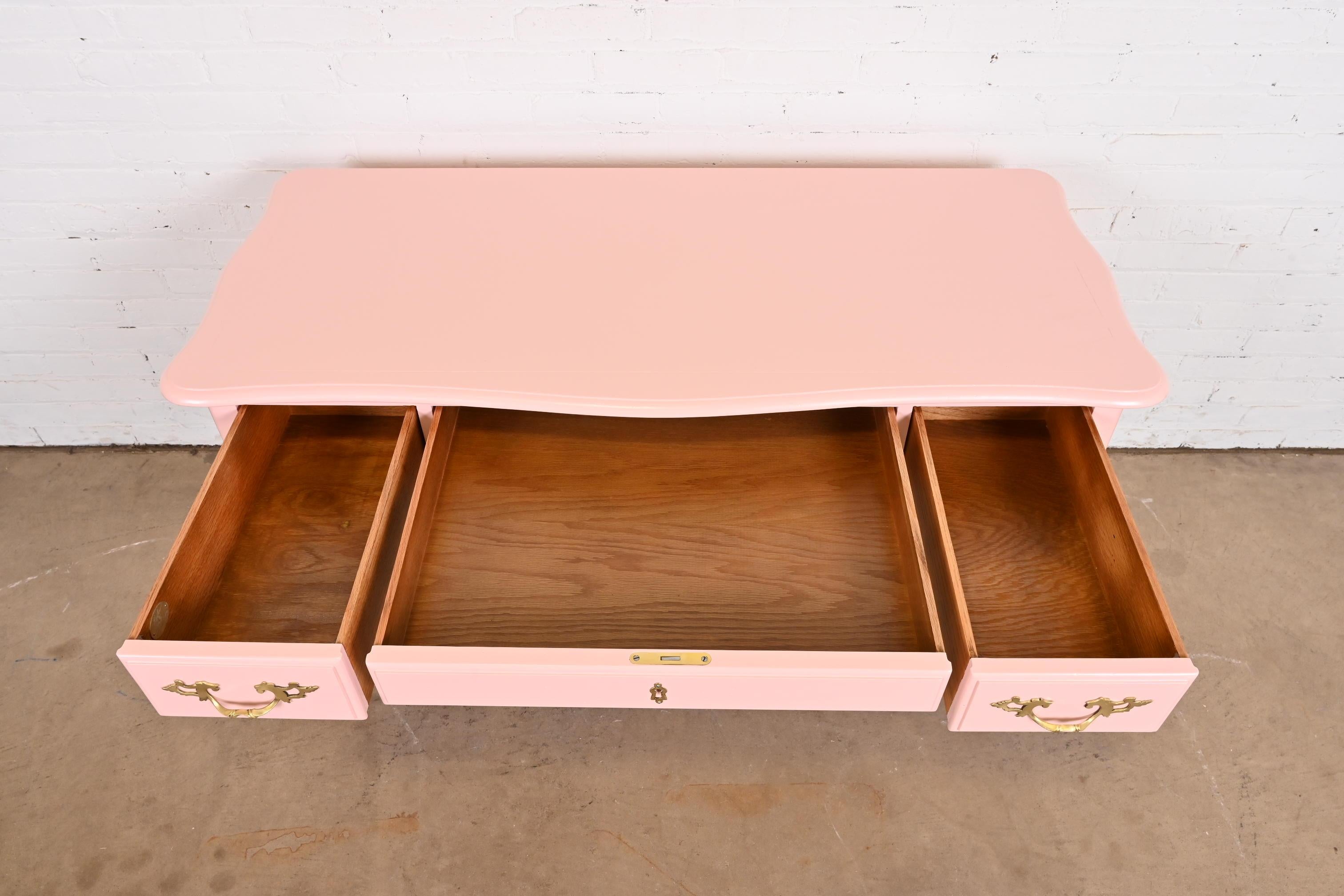 Baker Furniture French Louis XV Pink Lacquered Writing Desk, Newly Refinished For Sale 1