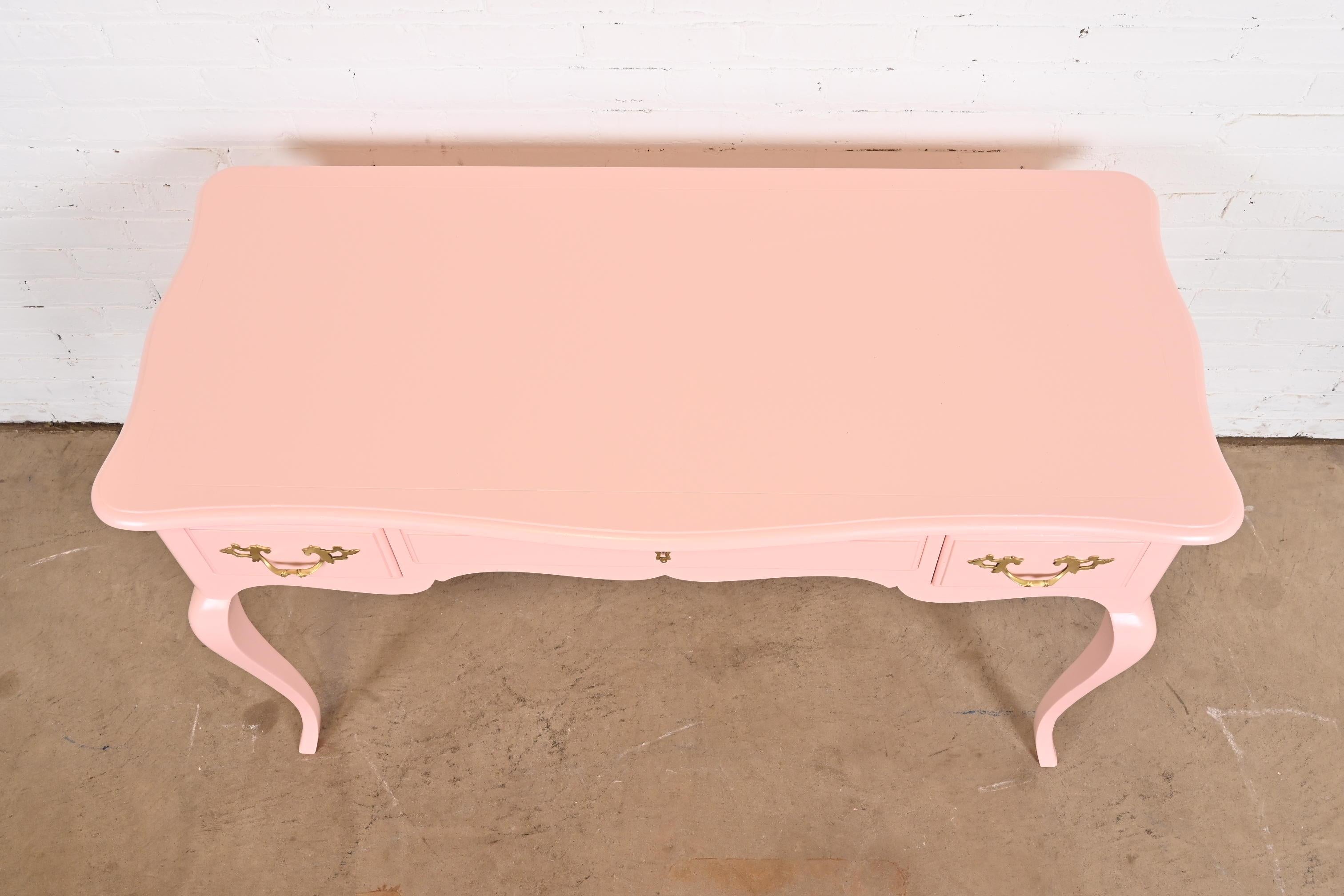 Baker Furniture French Louis XV Pink Lacquered Writing Desk, Newly Refinished For Sale 3