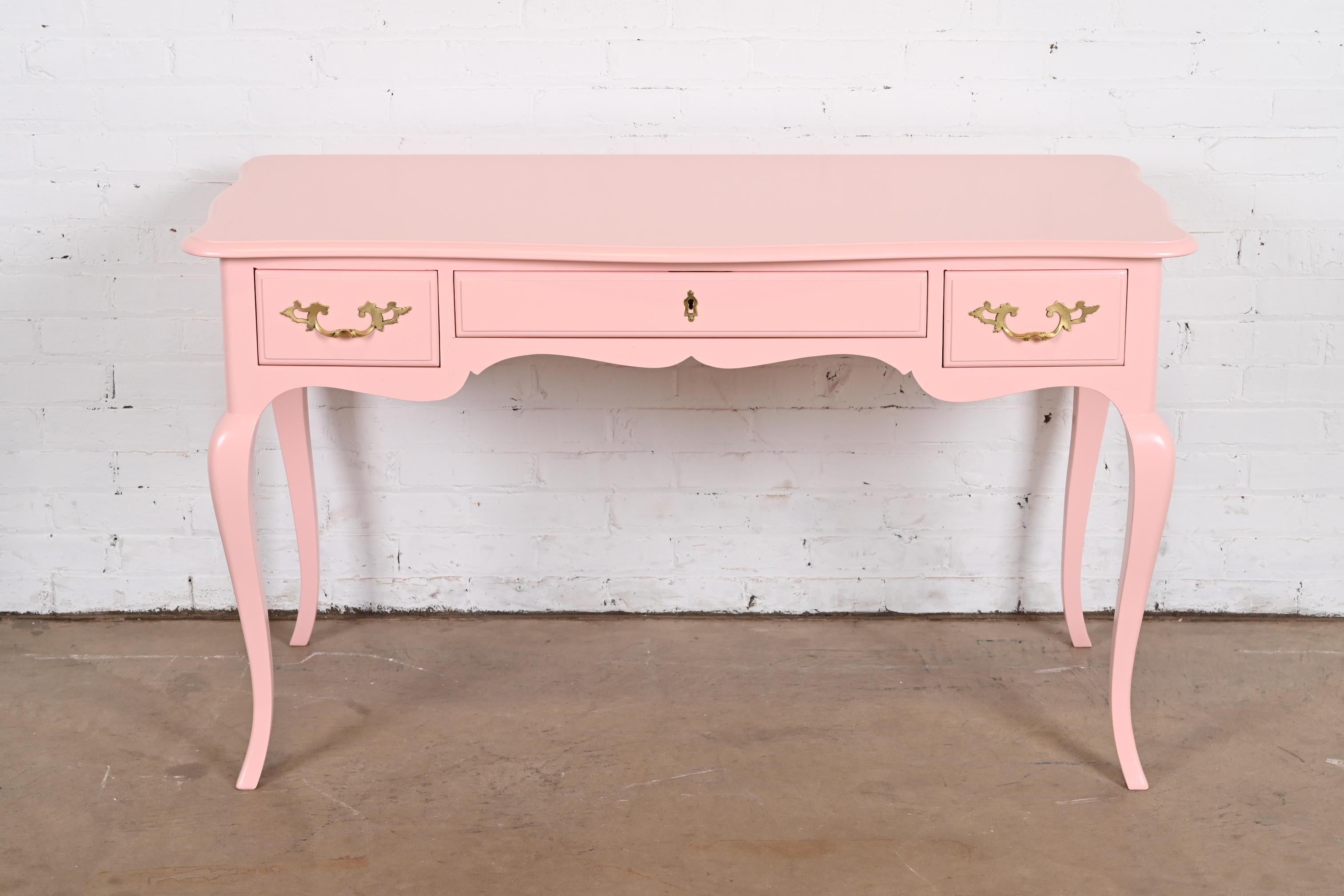 French Provincial Baker Furniture French Louis XV Pink Lacquered Writing Desk, Newly Refinished For Sale