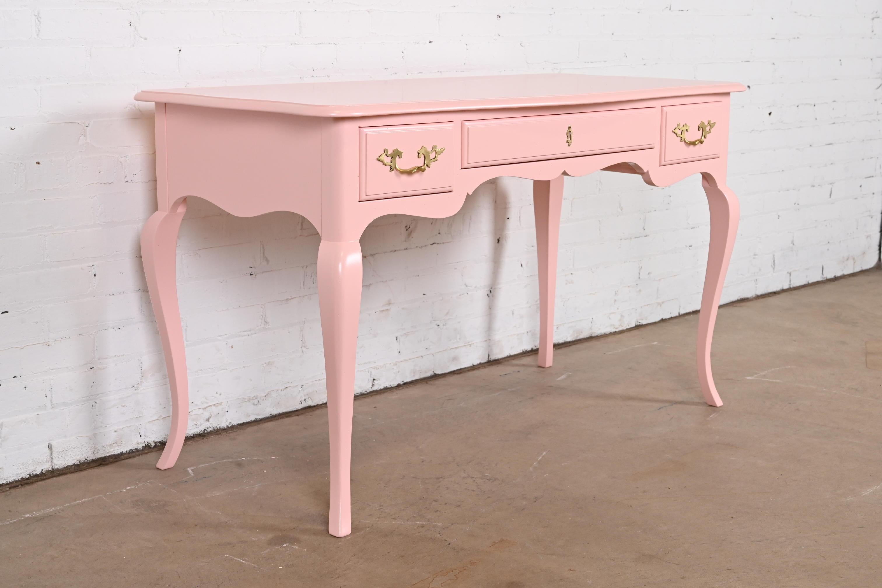 American Baker Furniture French Louis XV Pink Lacquered Writing Desk, Newly Refinished For Sale