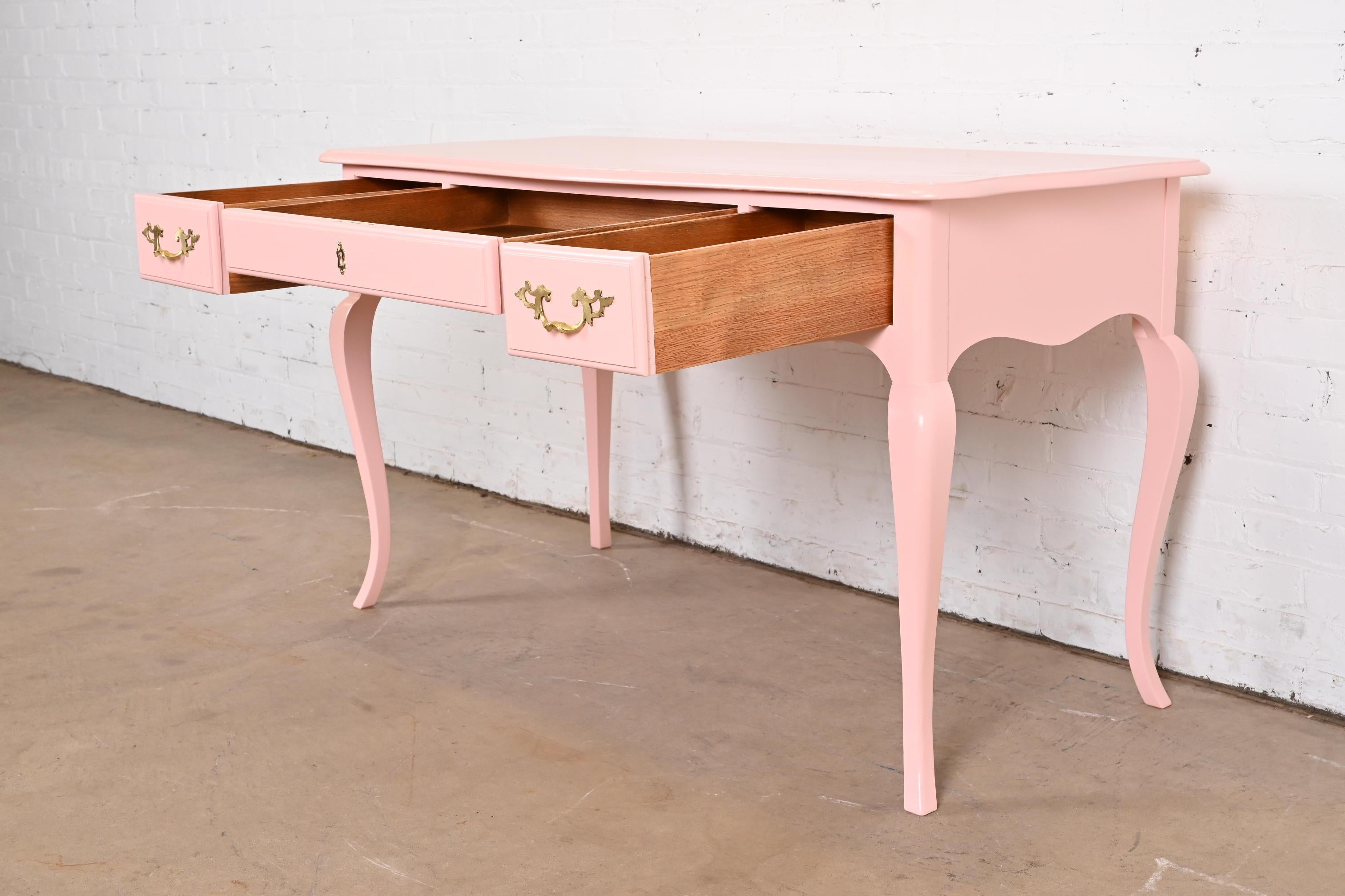 Brass Baker Furniture French Louis XV Pink Lacquered Writing Desk, Newly Refinished For Sale