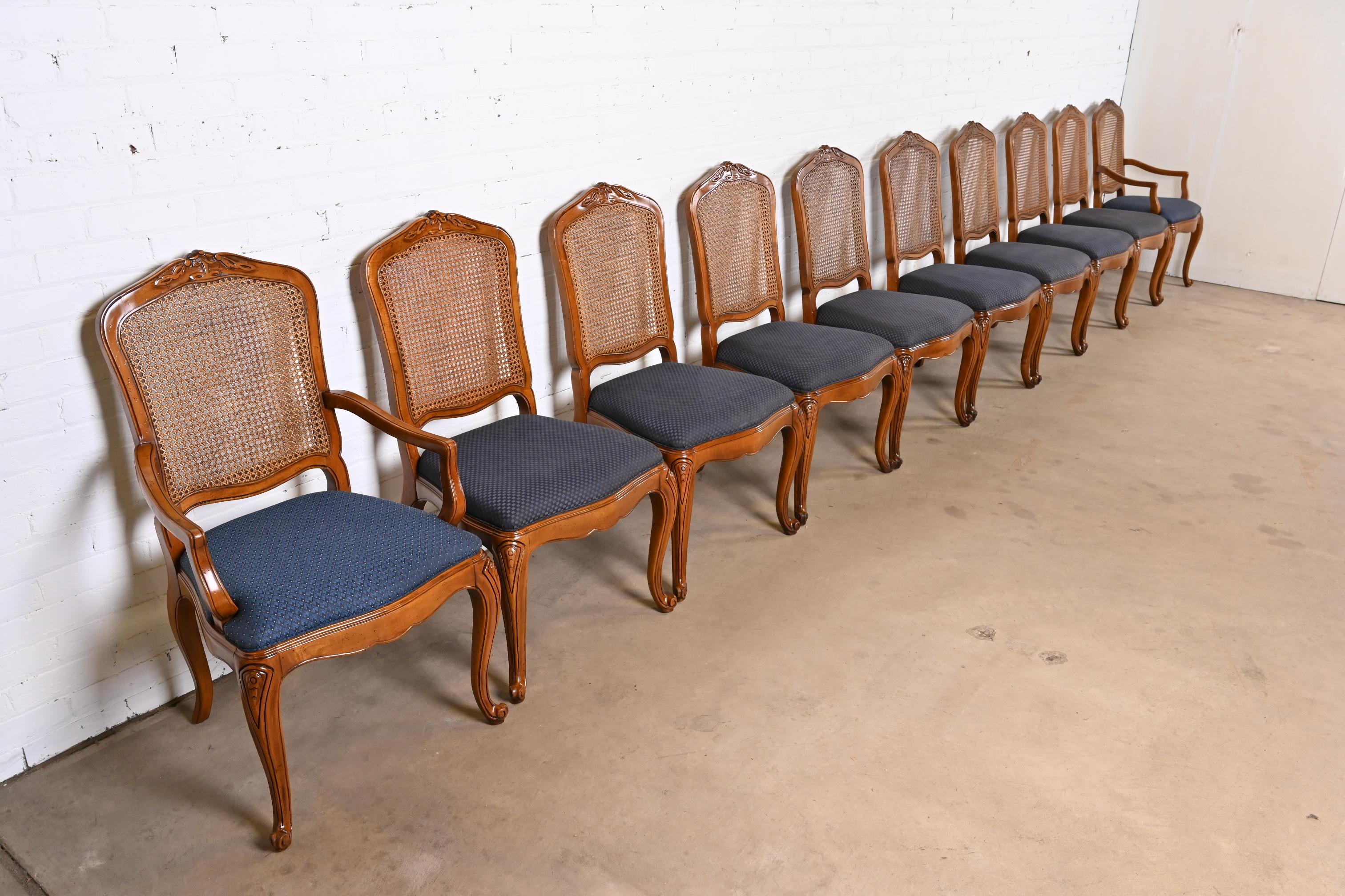 American Baker Furniture French Provincial Carved Cherry Wood and Cane Dining Chairs