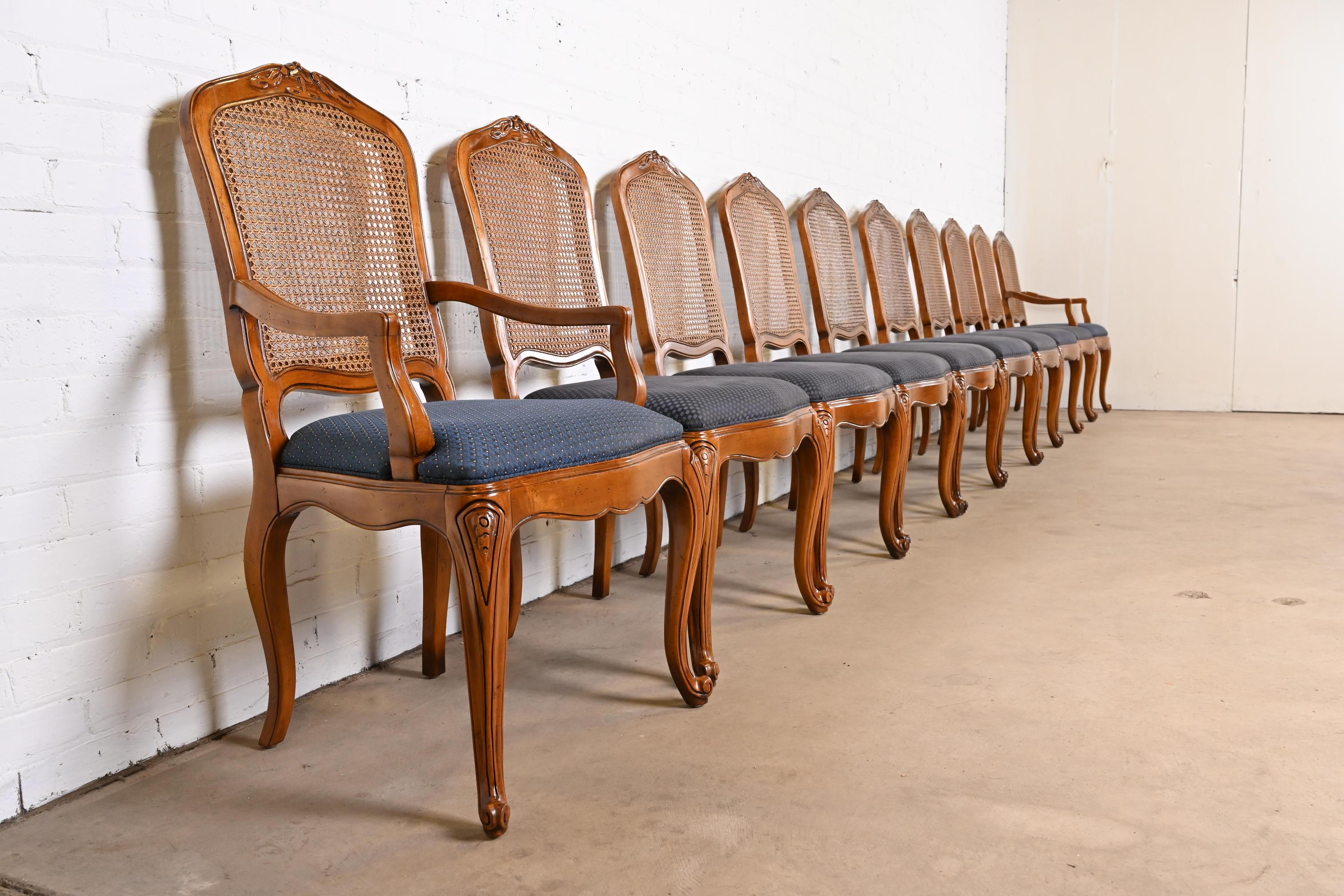 Baker Furniture French Provincial Carved Cherry Wood and Cane Dining Chairs In Good Condition In South Bend, IN
