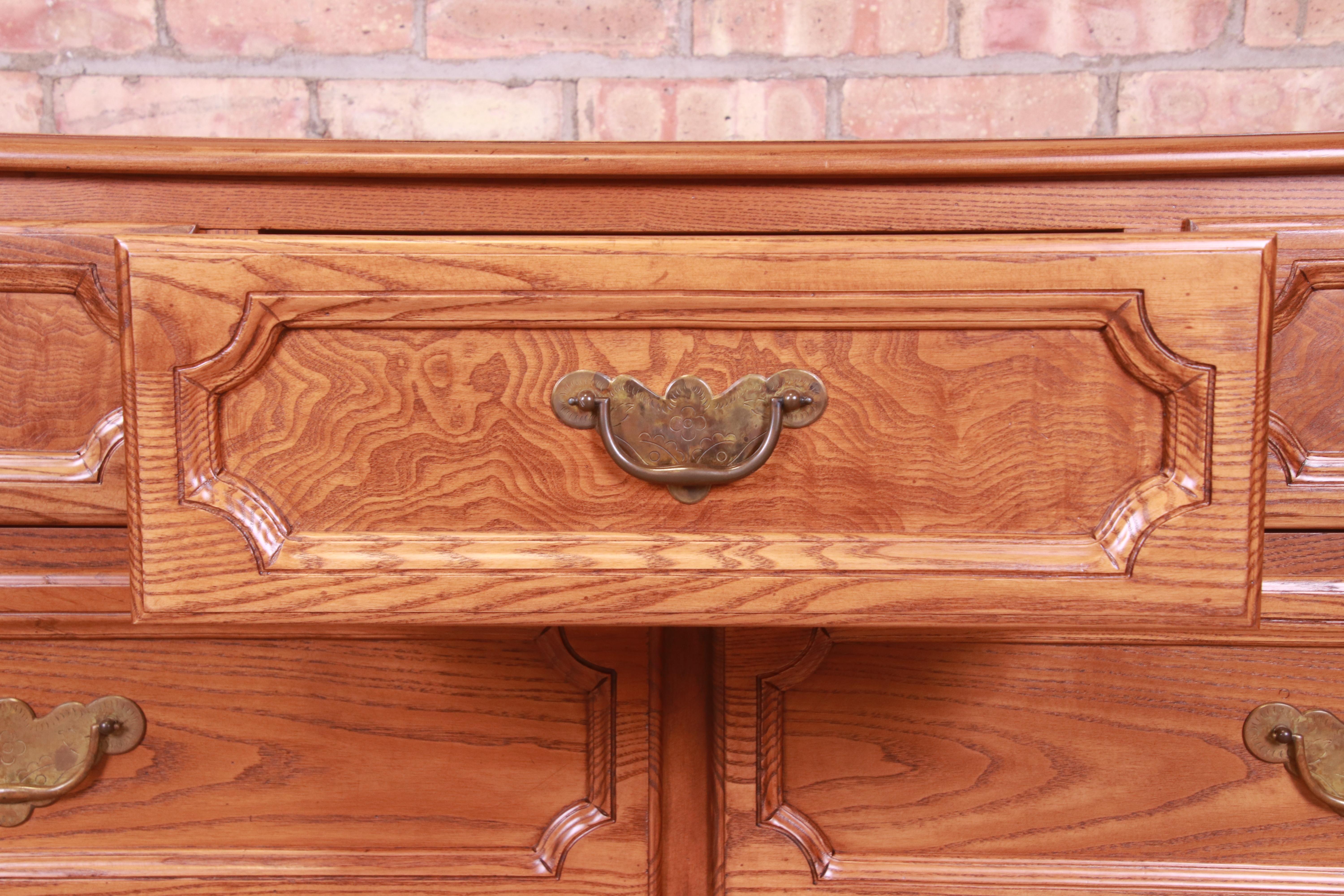 Baker Furniture French Provincial Carved Oak and Burl Wood Dresser, Refinished For Sale 3