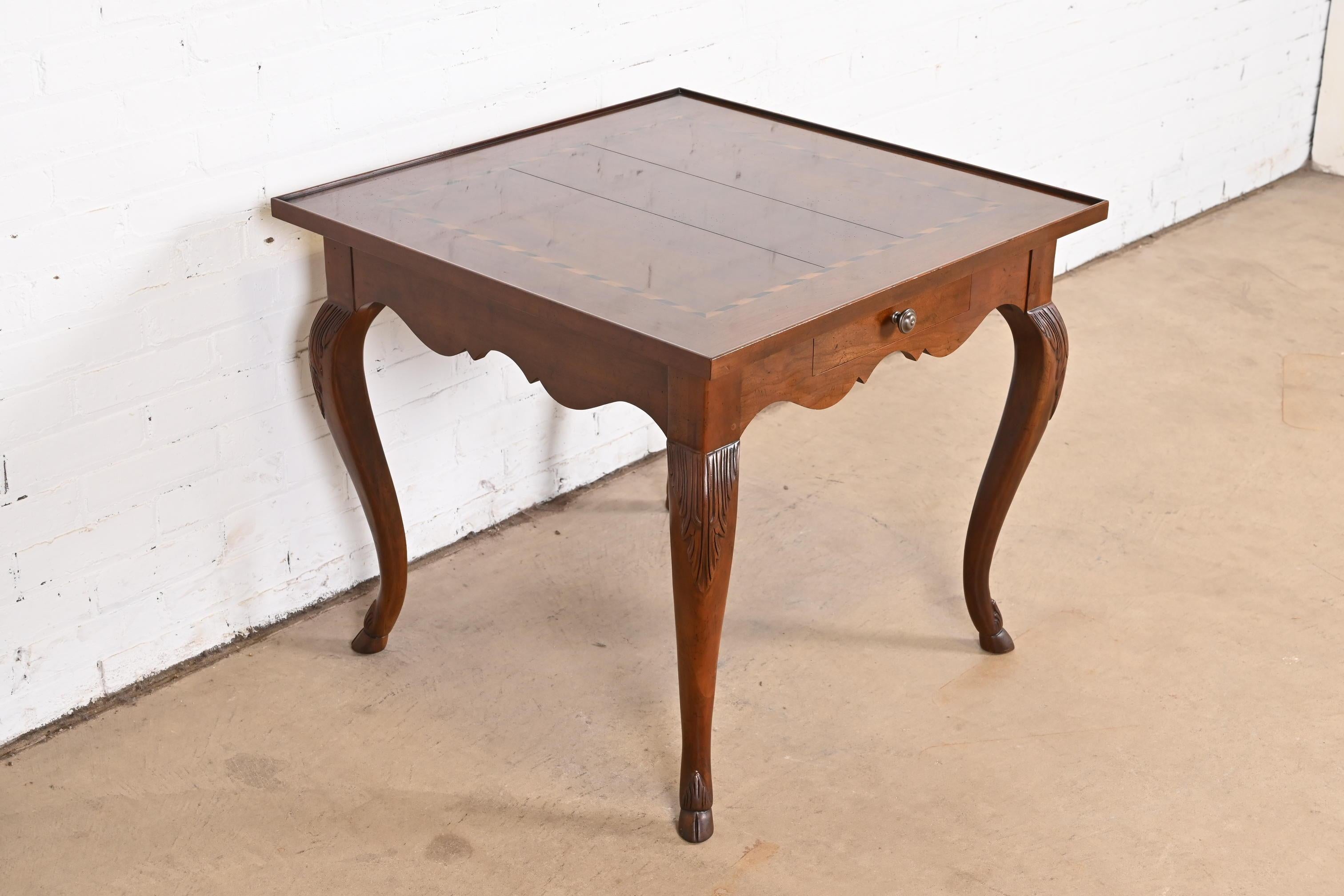 Late 20th Century Baker Furniture French Provincial Carved Walnut Inlaid Side Table or Tea Table