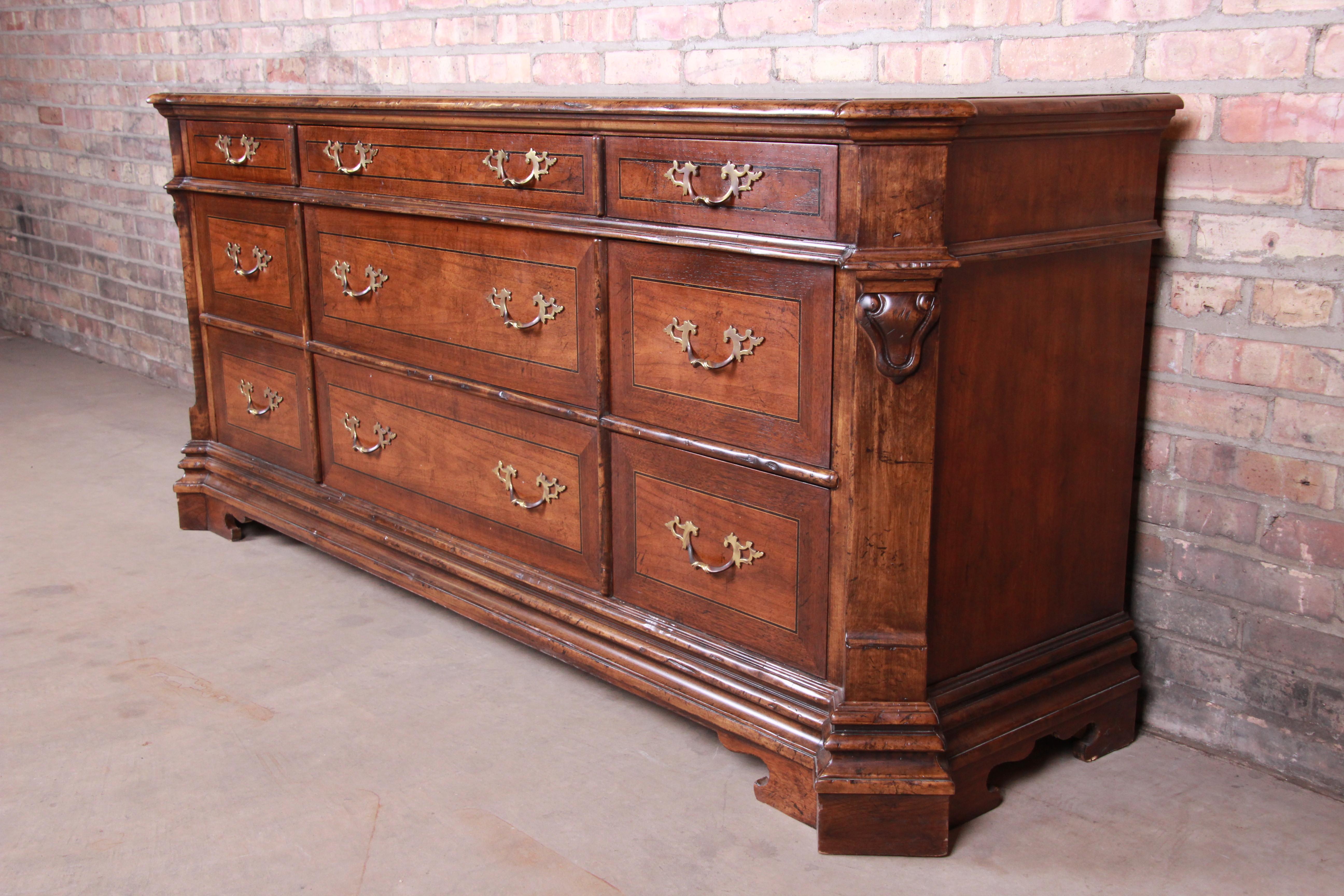 Baker Furniture French Provincial Carved Walnut Triple Dresser or Credenza In Good Condition In South Bend, IN