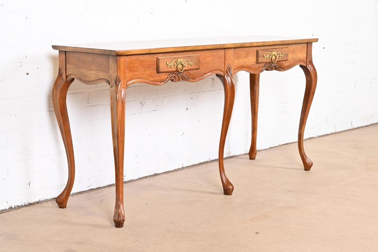 Brass Baker Furniture French Provincial Cherry and Burl Wood Console or Sofa Table For Sale