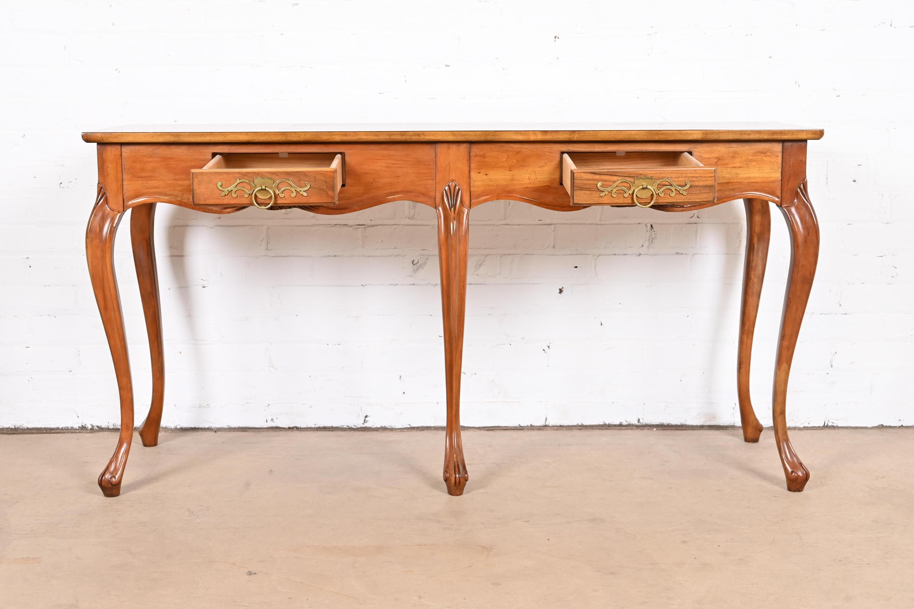 Brass Baker Furniture French Provincial Cherry and Burl Wood Console or Sofa Table