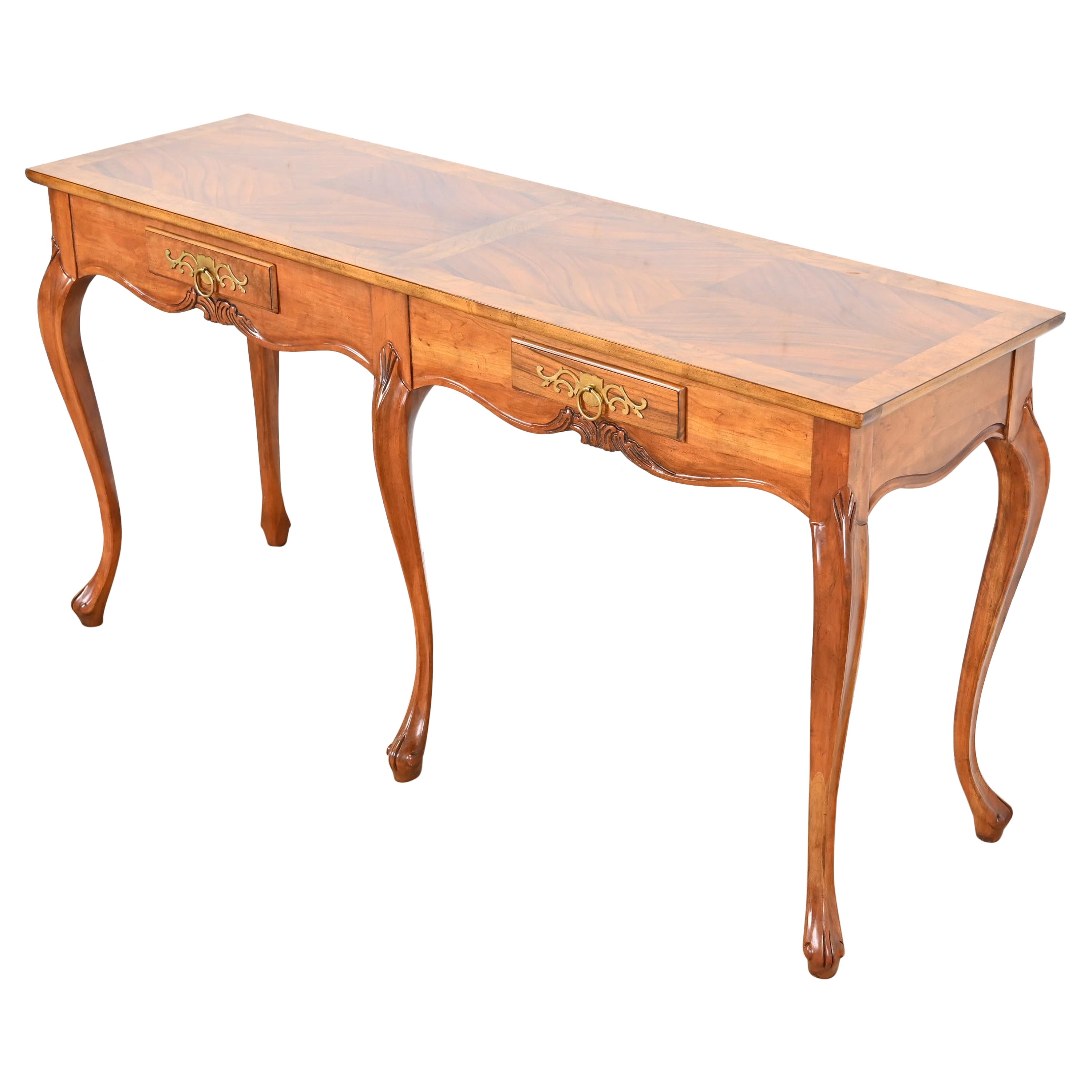 Baker Furniture French Provincial Cherry and Burl Wood Console or Sofa Table
