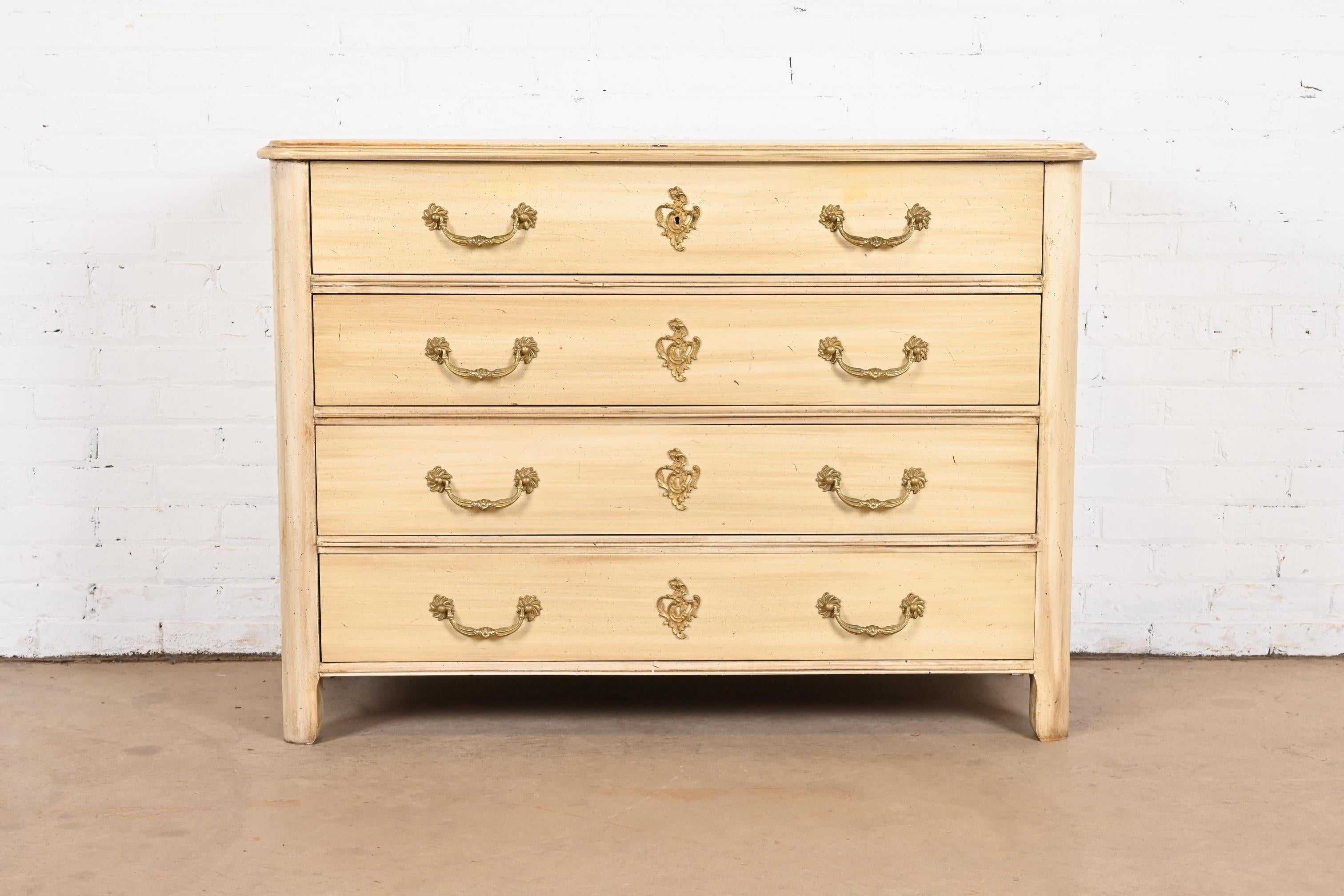 Louis XV Baker Furniture French Provincial Cream Painted Chest of Drawers, Circa 1960s For Sale