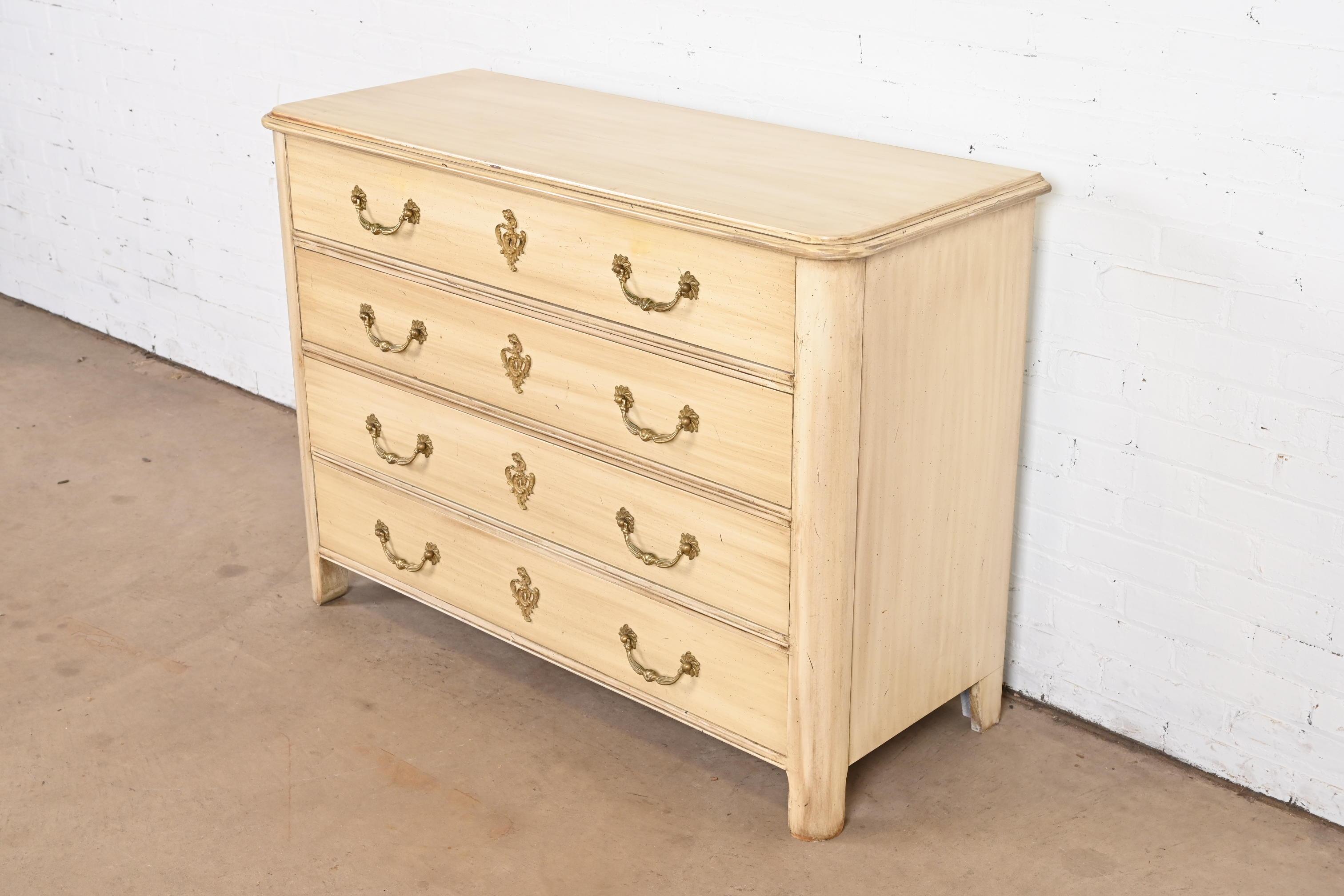 Louis XV Baker Furniture French Provincial Cream Painted Chest of Drawers, Circa 1960s For Sale