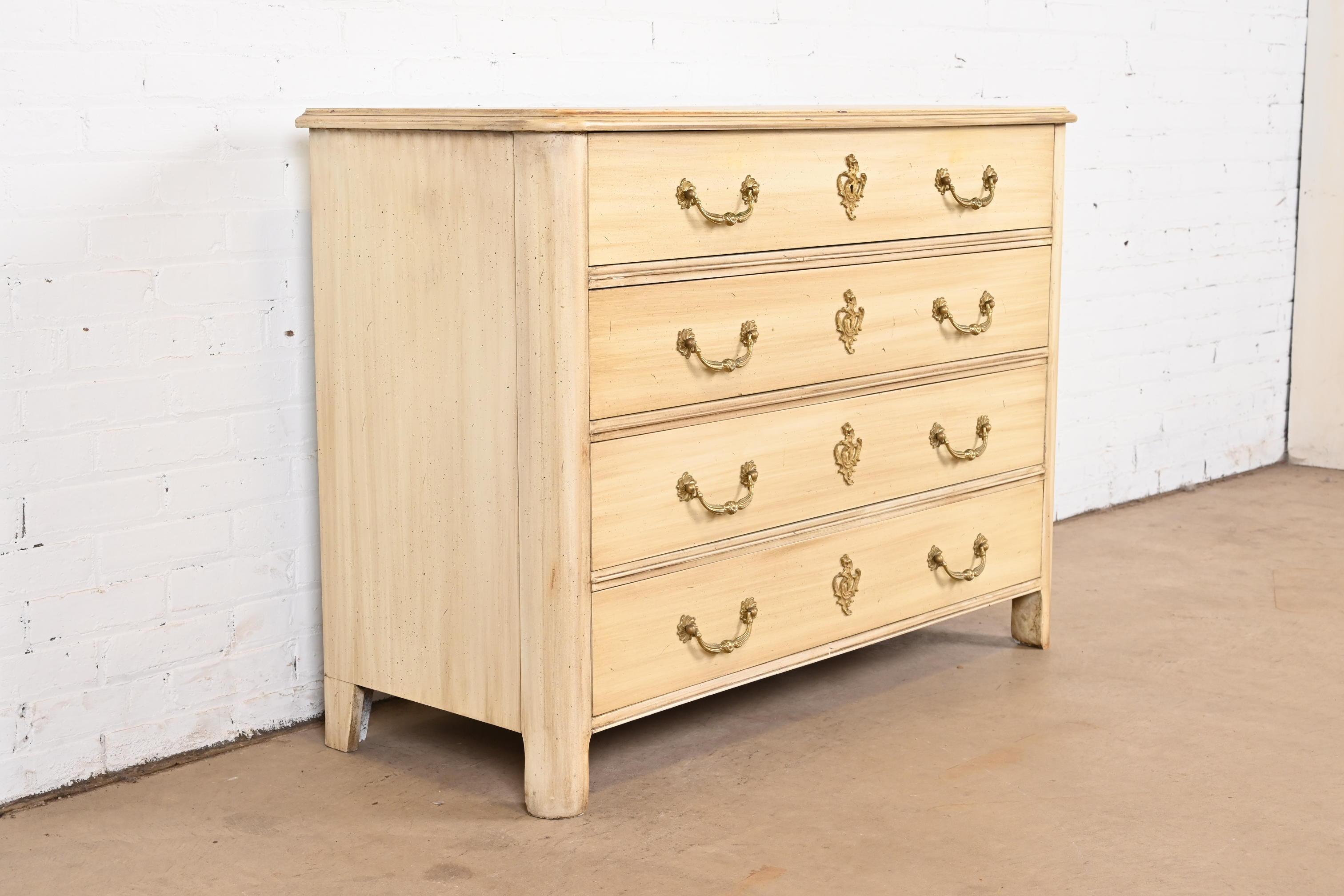 Brass Baker Furniture French Provincial Cream Painted Chest of Drawers, Circa 1960s For Sale