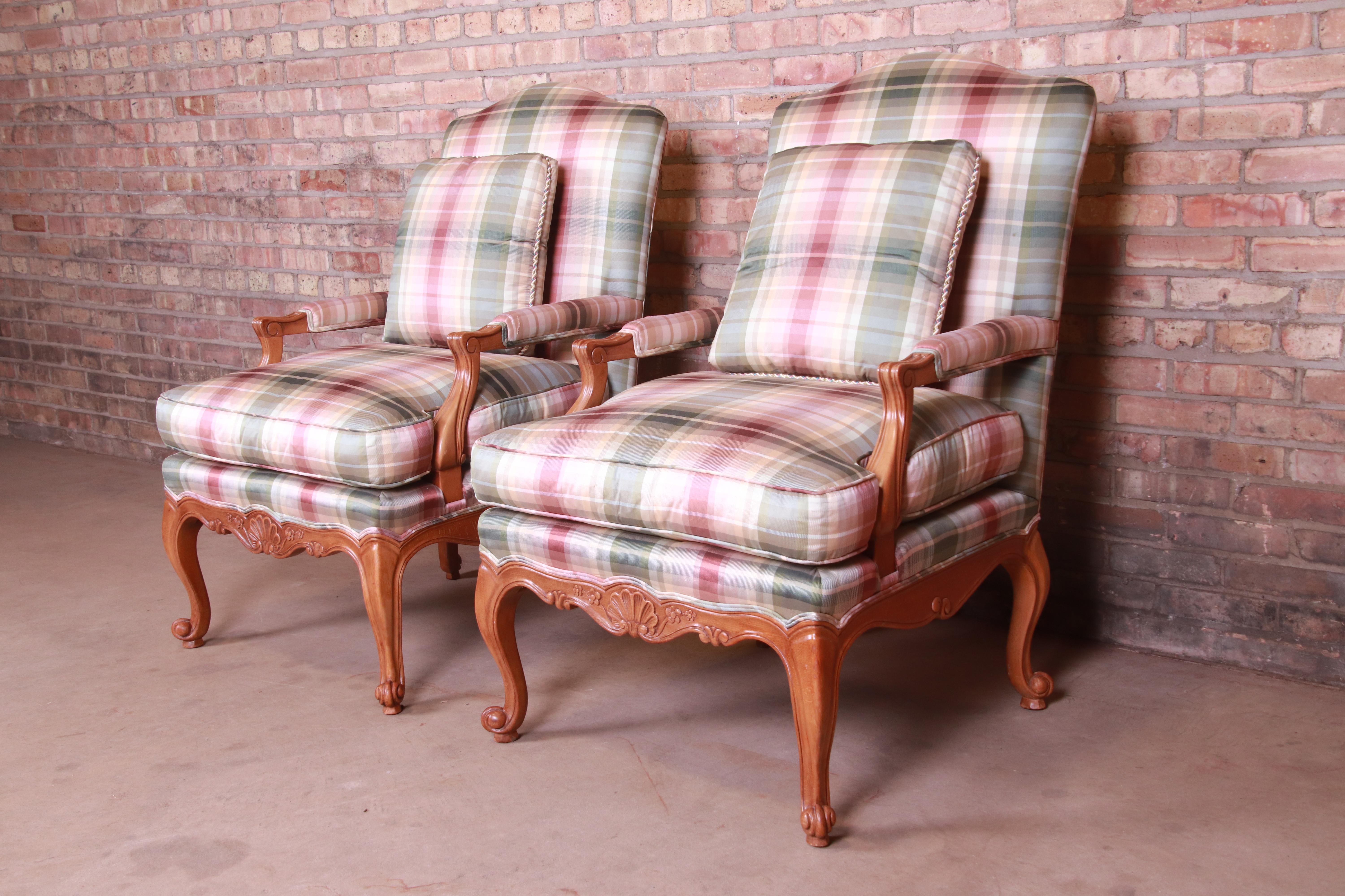 20th Century Baker Furniture French Provincial Louis XV Bergère Chairs, Pair