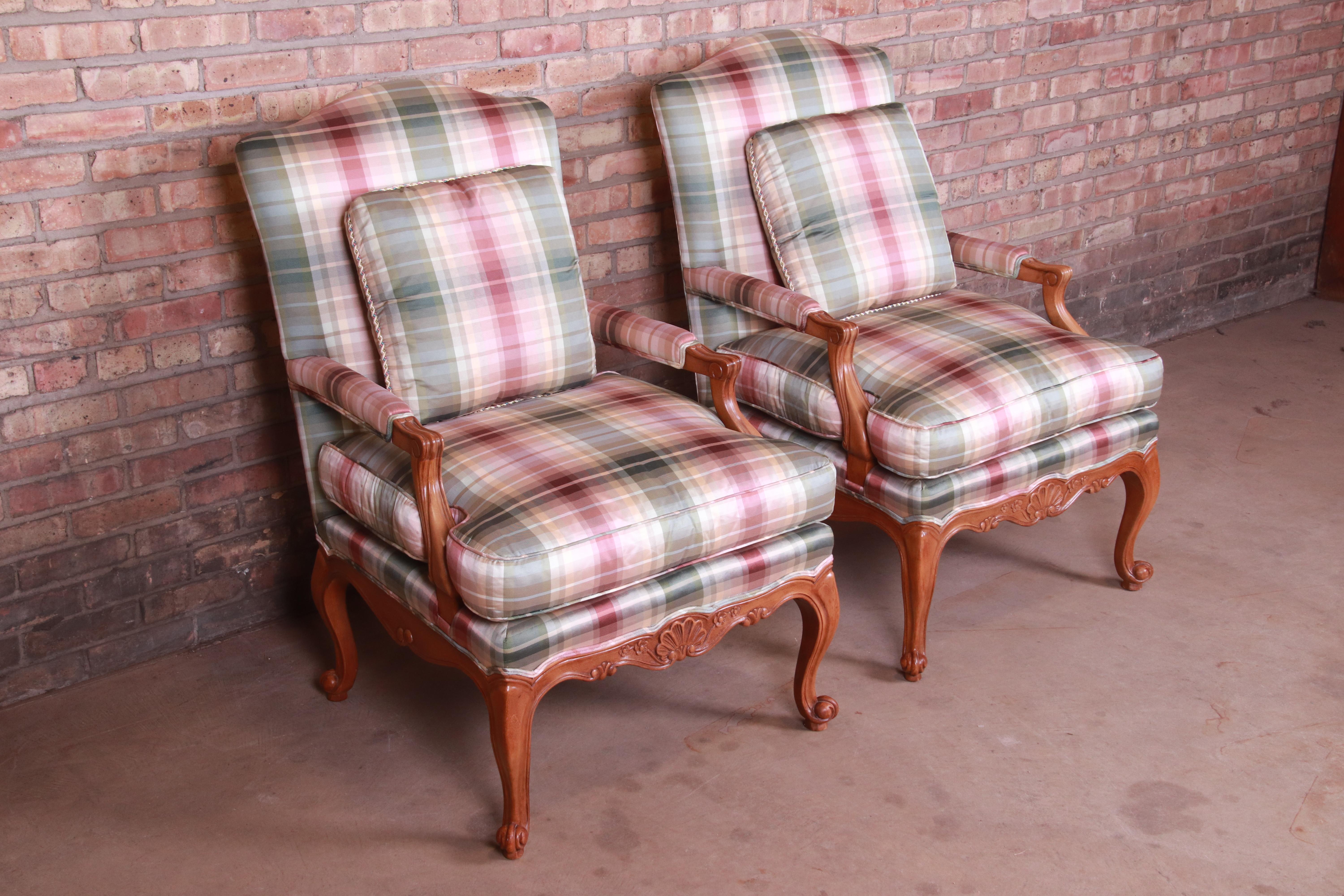Upholstery Baker Furniture French Provincial Louis XV Bergère Chairs, Pair