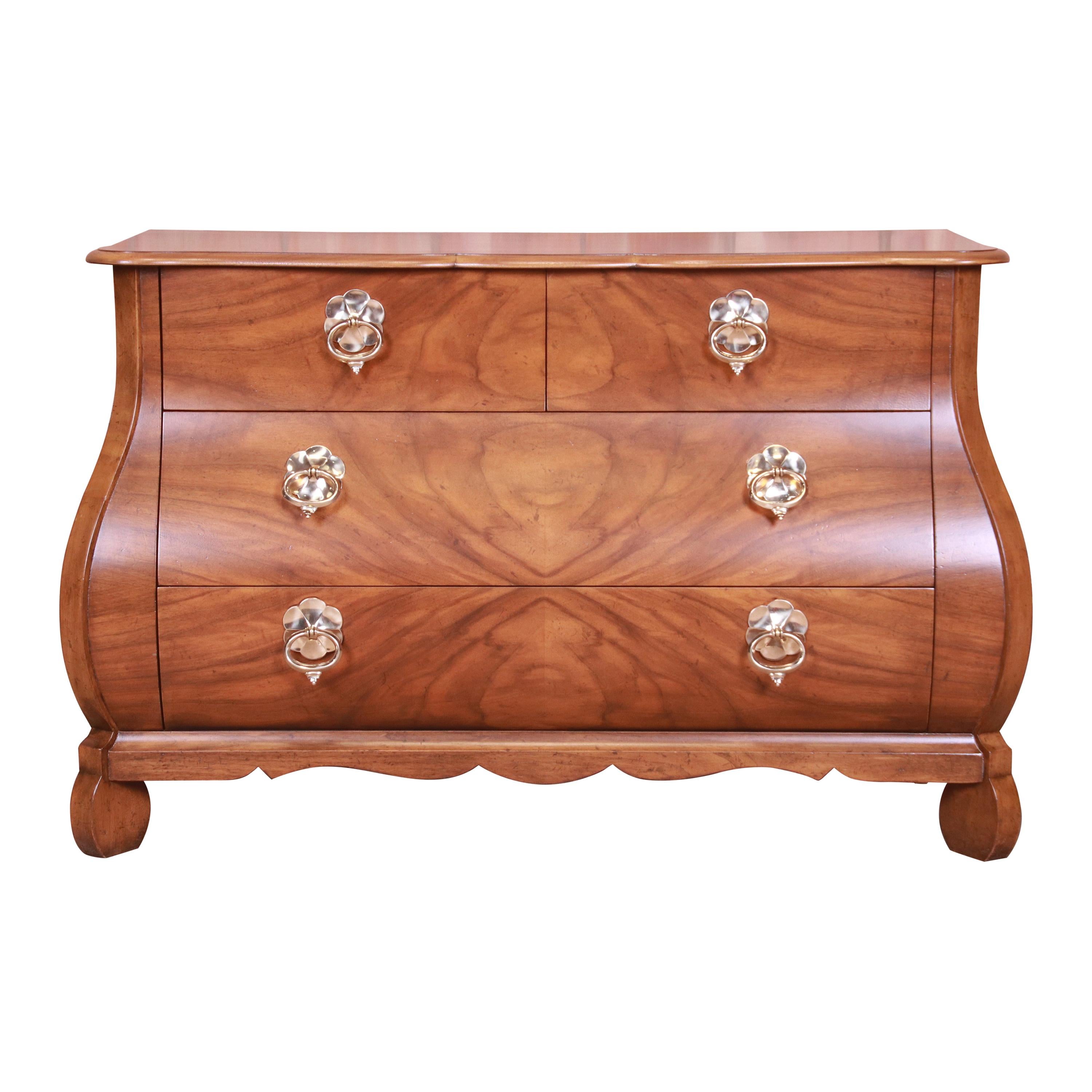 Baker Furniture French Provincial Louis XV Burled Walnut Bombay Chest or Commode