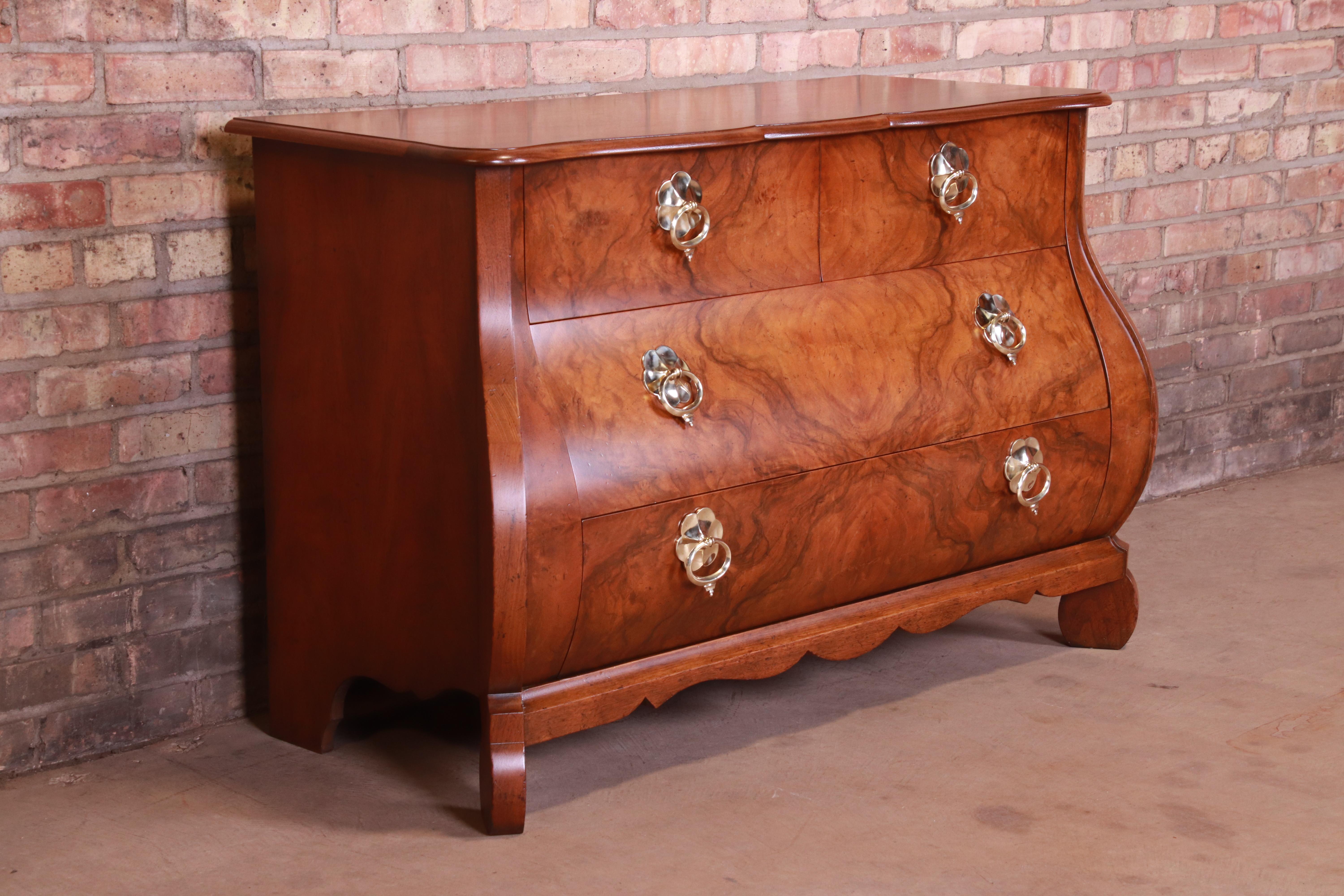 Baker Furniture French Provincial Louis XV Burled Walnut Commode, Newly Restored In Good Condition In South Bend, IN