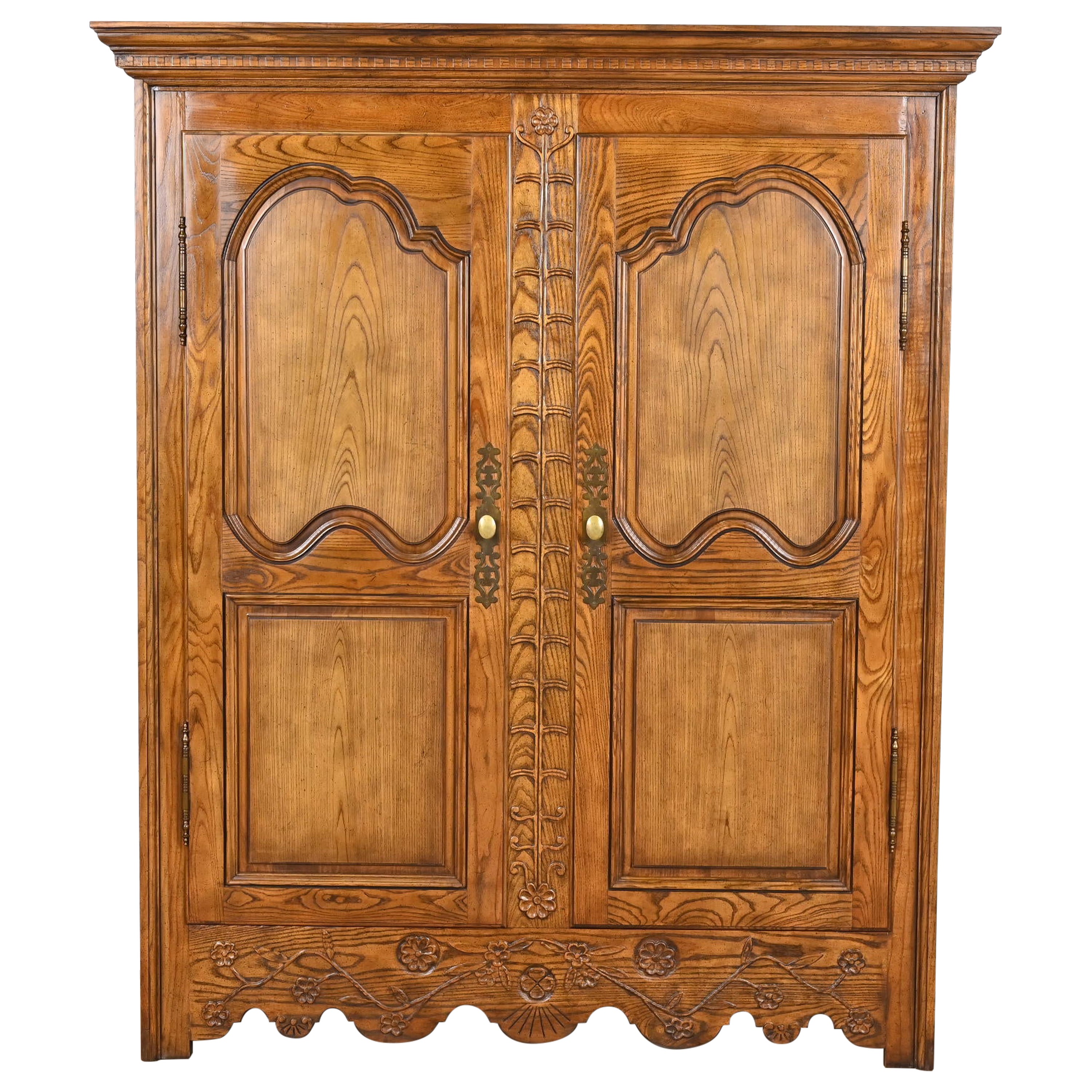 Baker Furniture French Provincial Louis XV Carved Oak Armoire or Linen Press