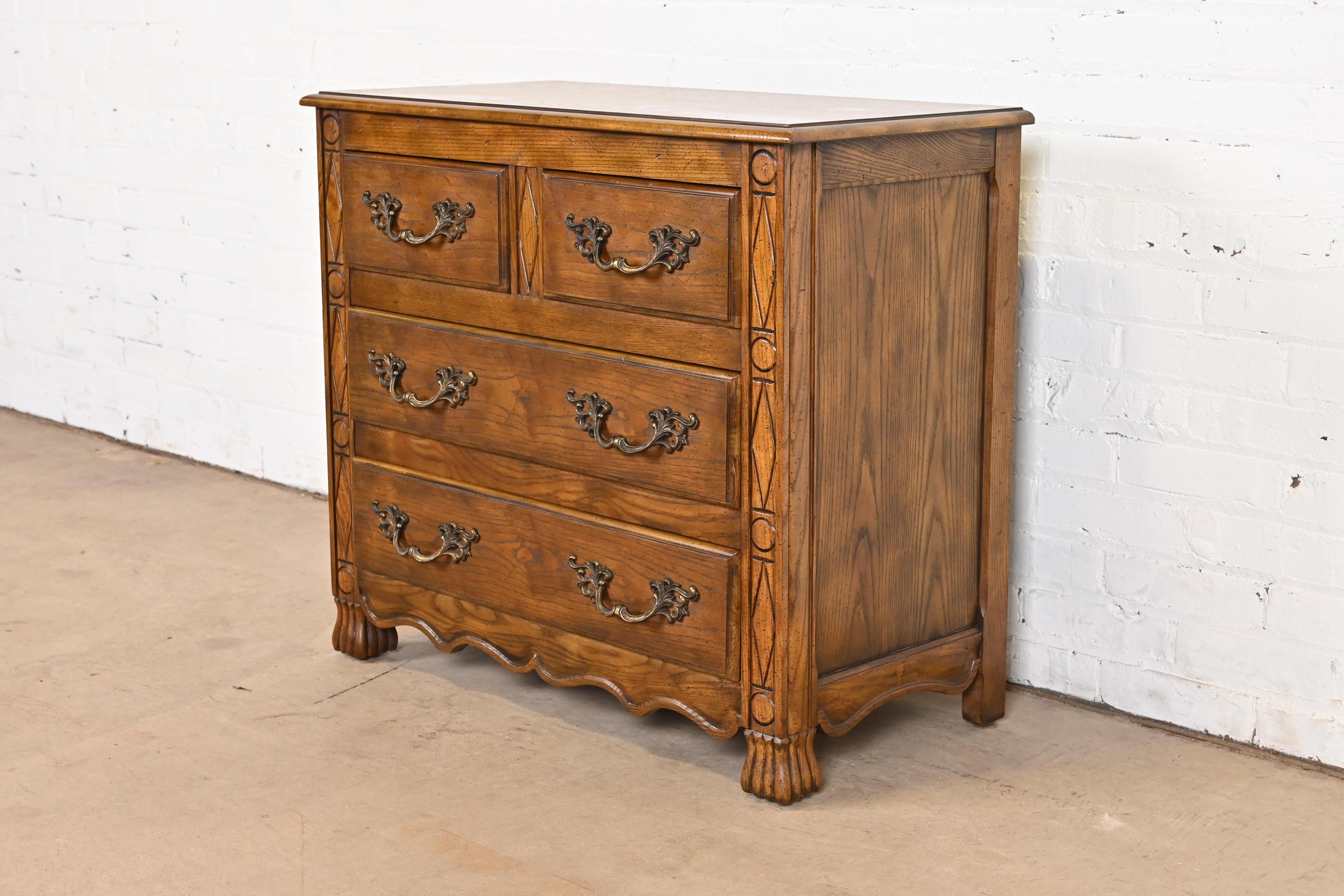 American Baker Furniture French Provincial Louis XV Carved Oak Chest of Drawers For Sale