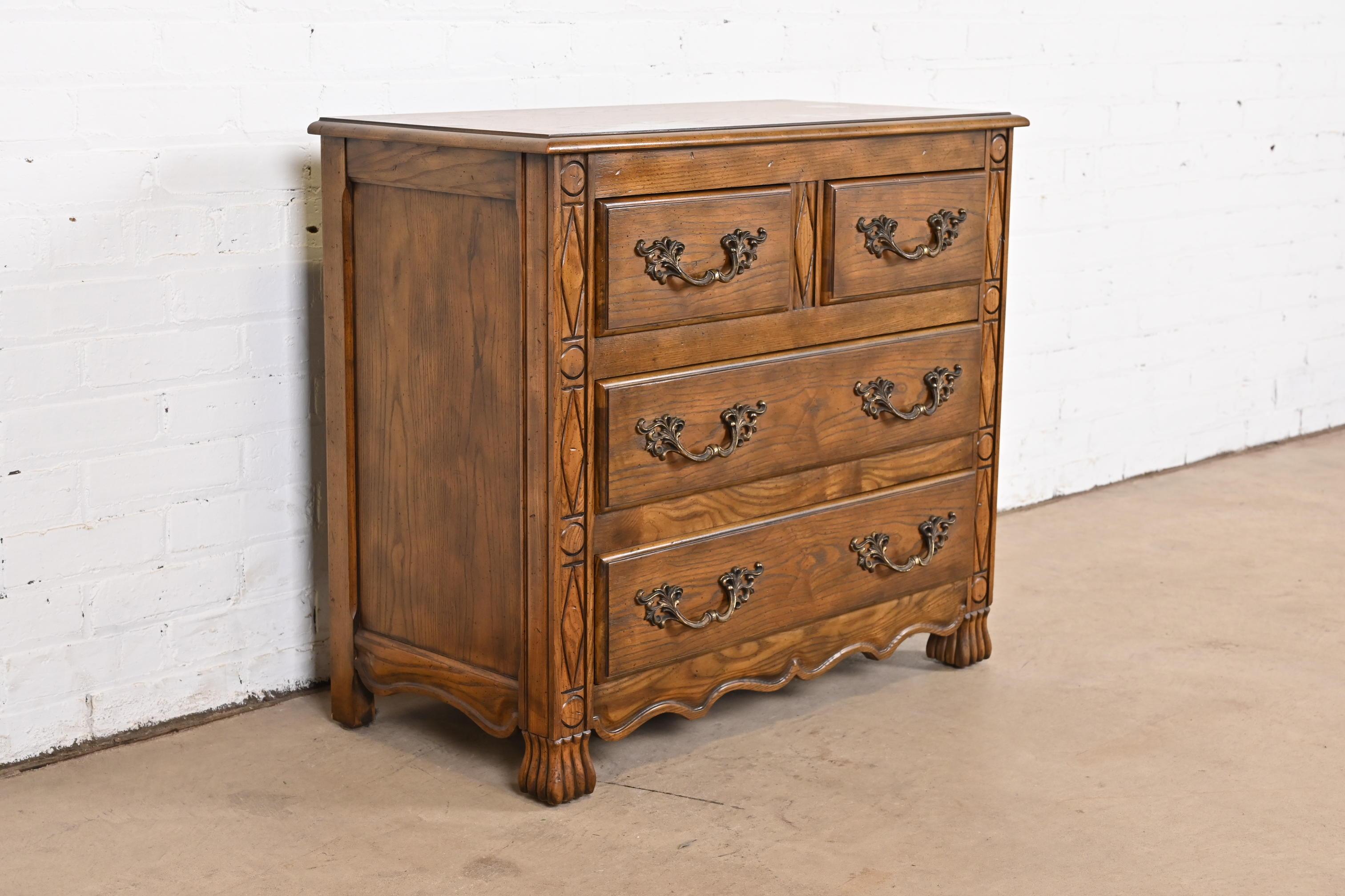 Brass Baker Furniture French Provincial Louis XV Carved Oak Chest of Drawers For Sale