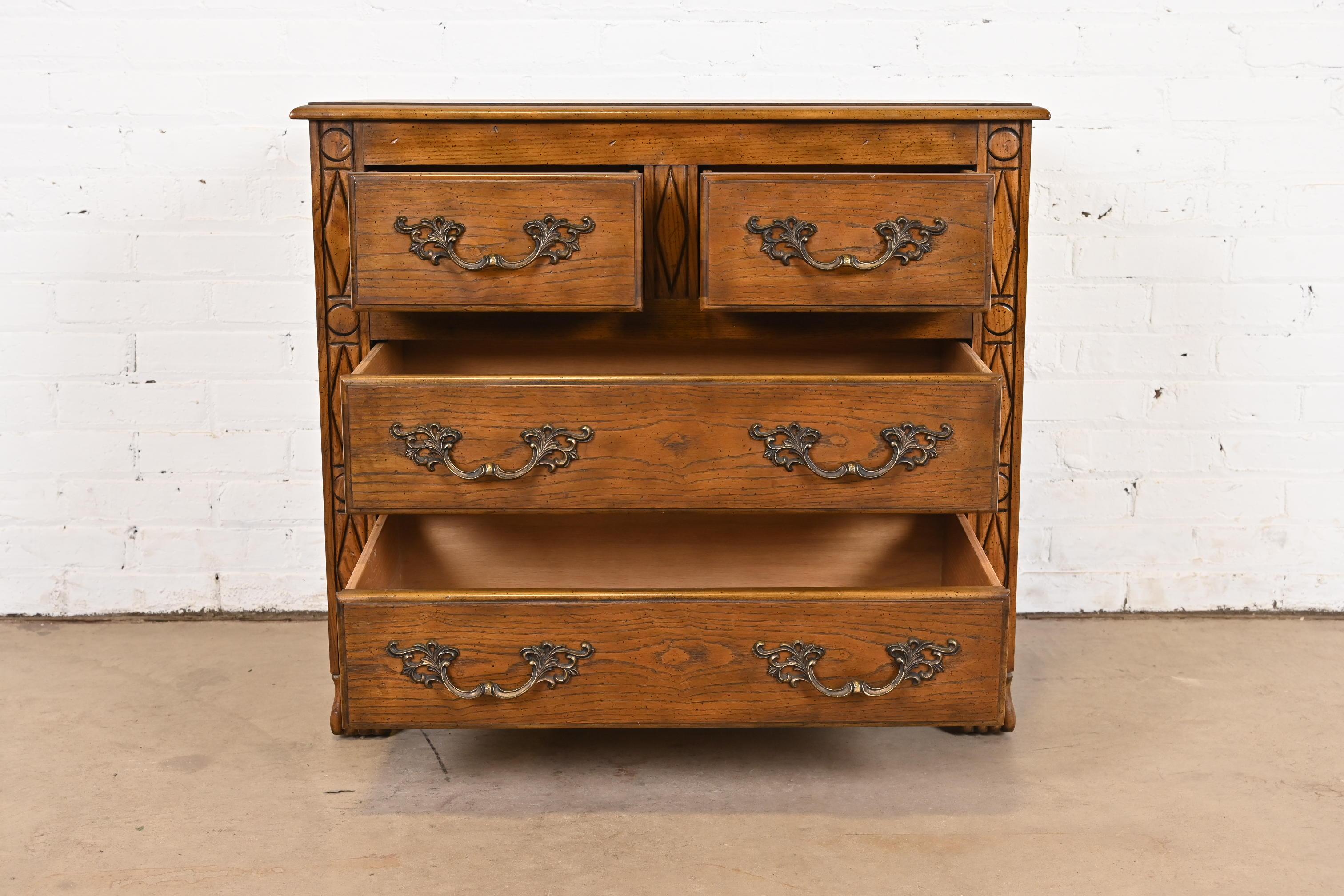 Baker Furniture French Provincial Louis XV Carved Oak Chest of Drawers For Sale 1
