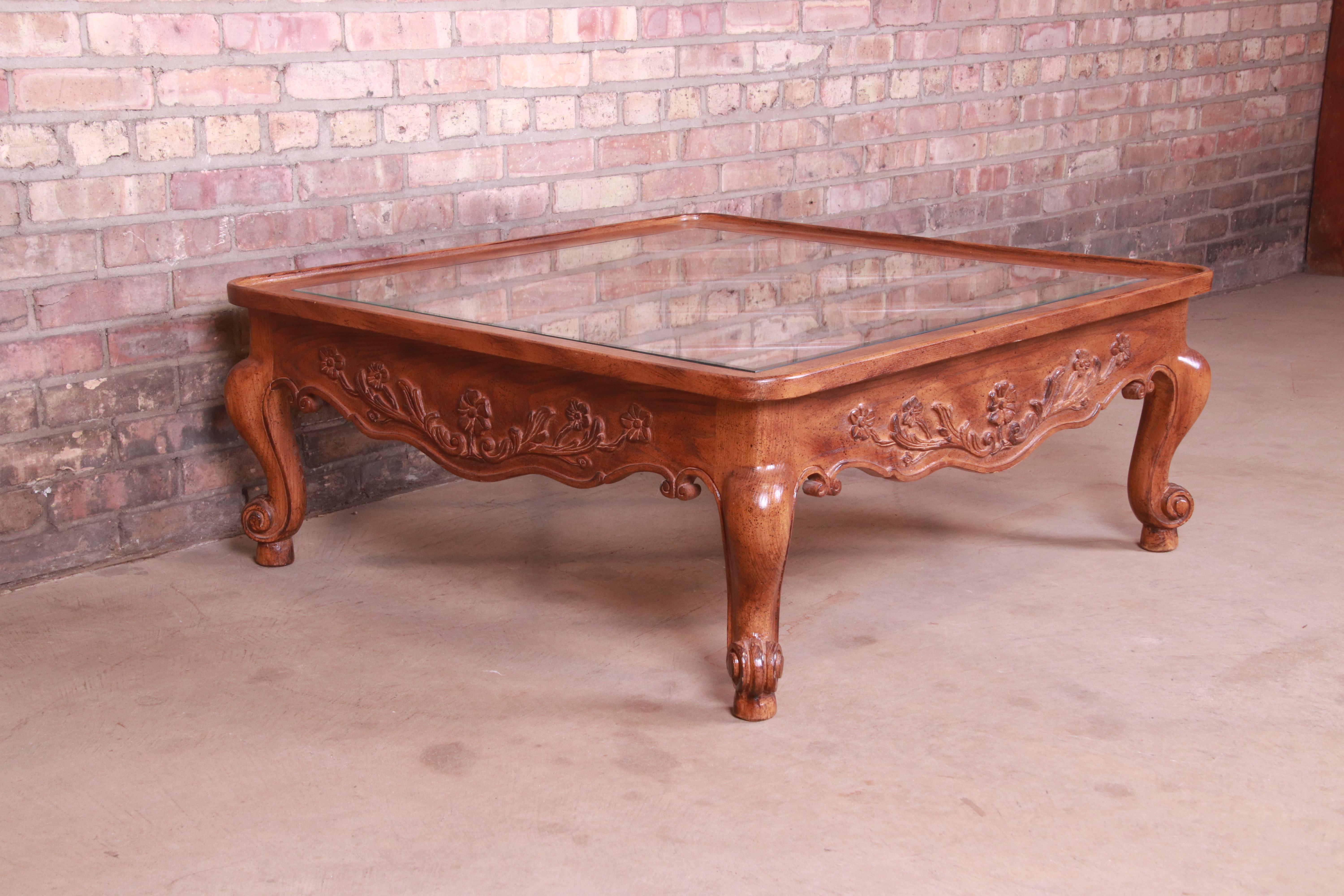 Glass Baker Furniture French Provincial Louis XV Carved Oak Coffee Table For Sale