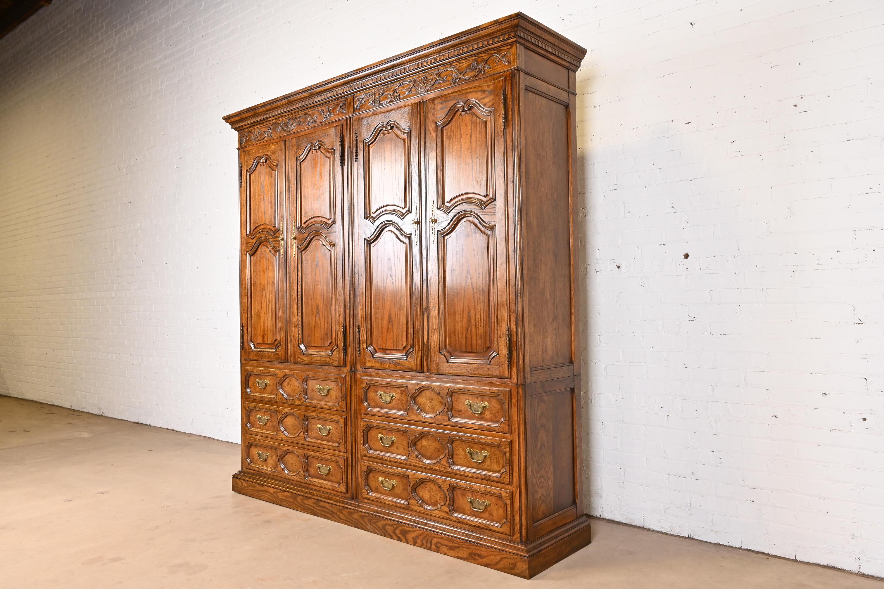 American Baker Furniture French Provincial Louis XV Carved Oak Double Armoire Dresser For Sale