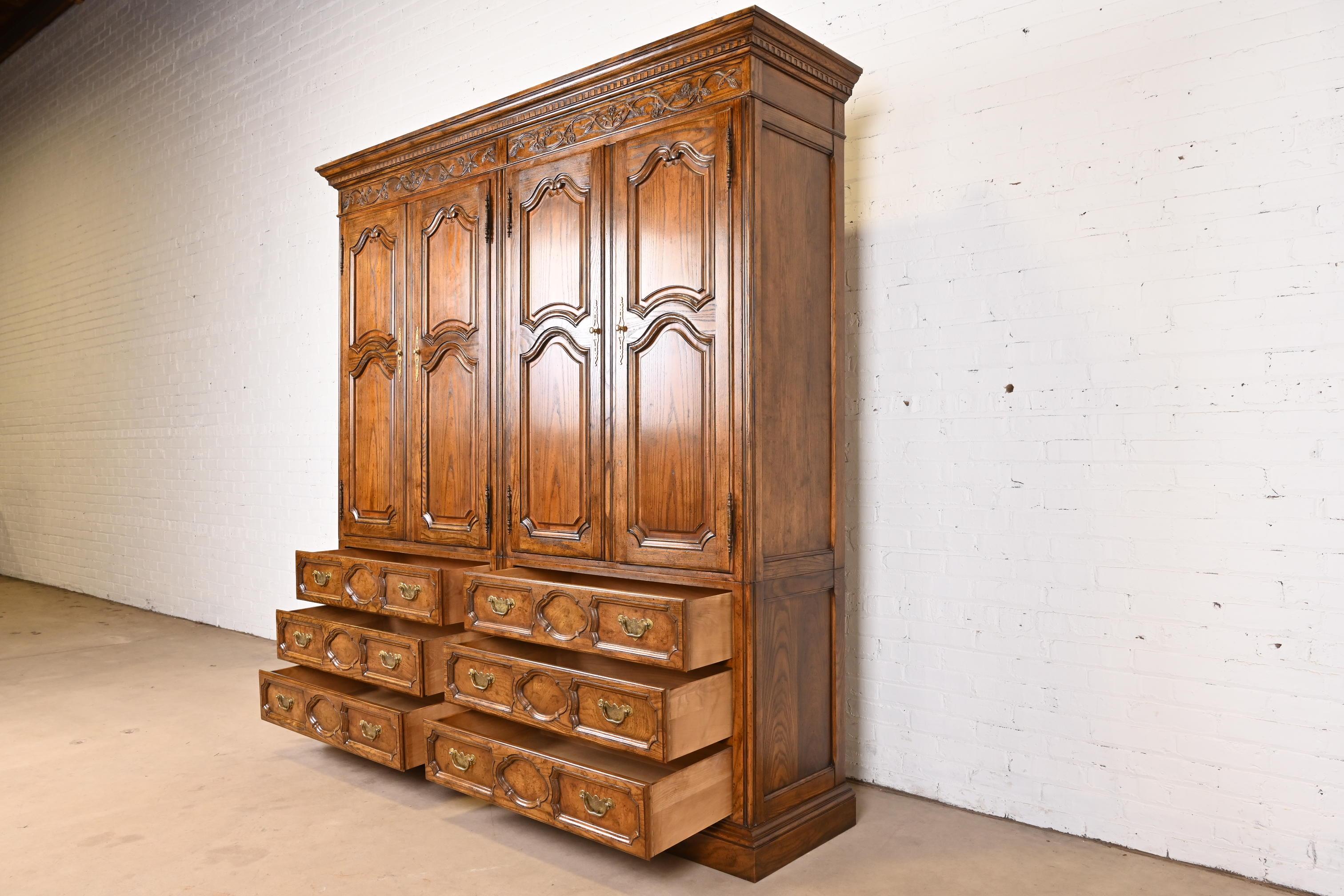Baker Furniture French Provincial Louis XV Carved Oak Double Armoire Dresser For Sale 2