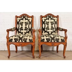 Baker Furniture French Provincial Louis XV Carved Walnut Armchairs, Pair