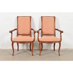 Baker Furniture French Provincial Louis XV Carved Walnut Armchairs, Pair